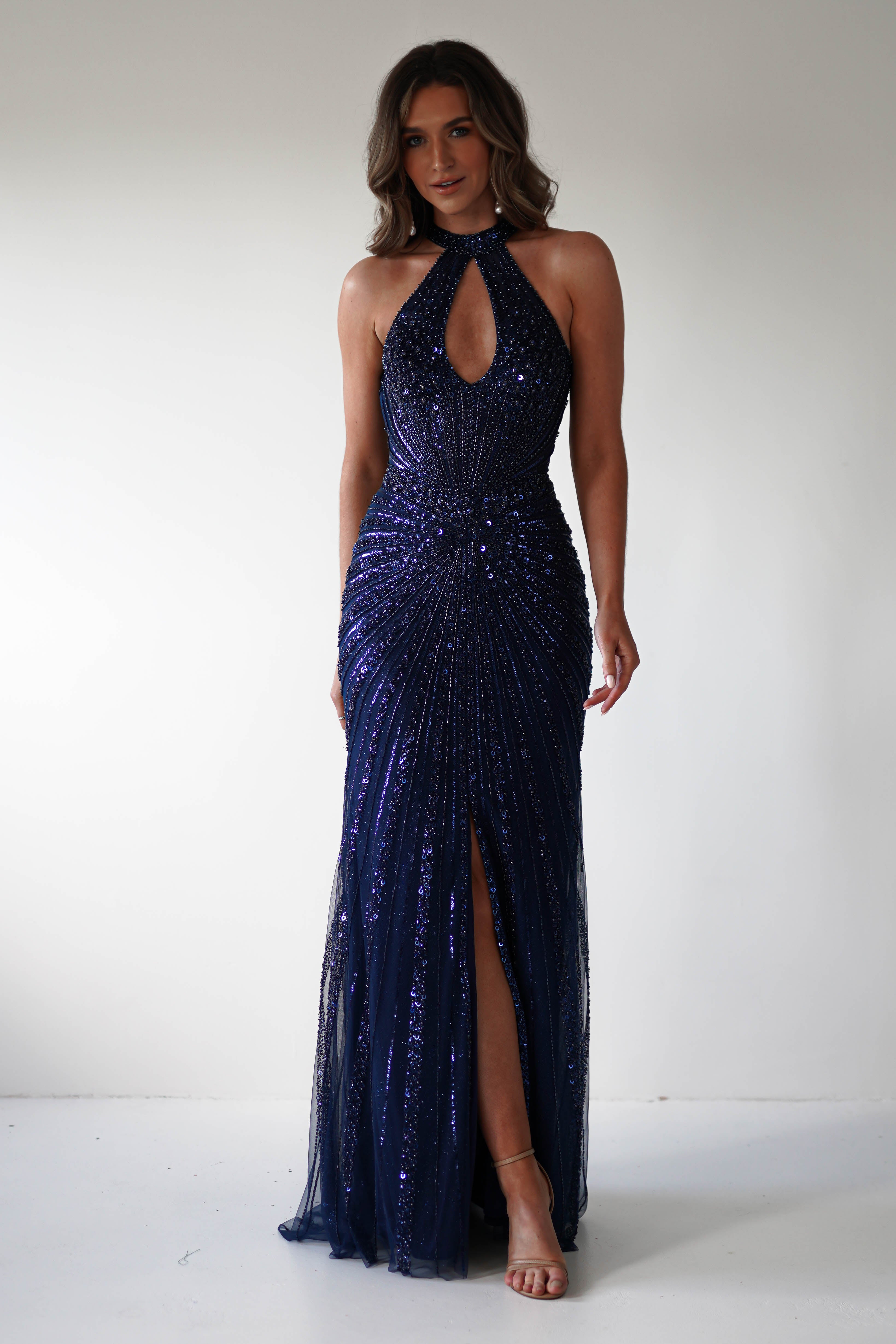 Santana Beaded Keyhole Gown | Midnight - Oh Hello Clothing