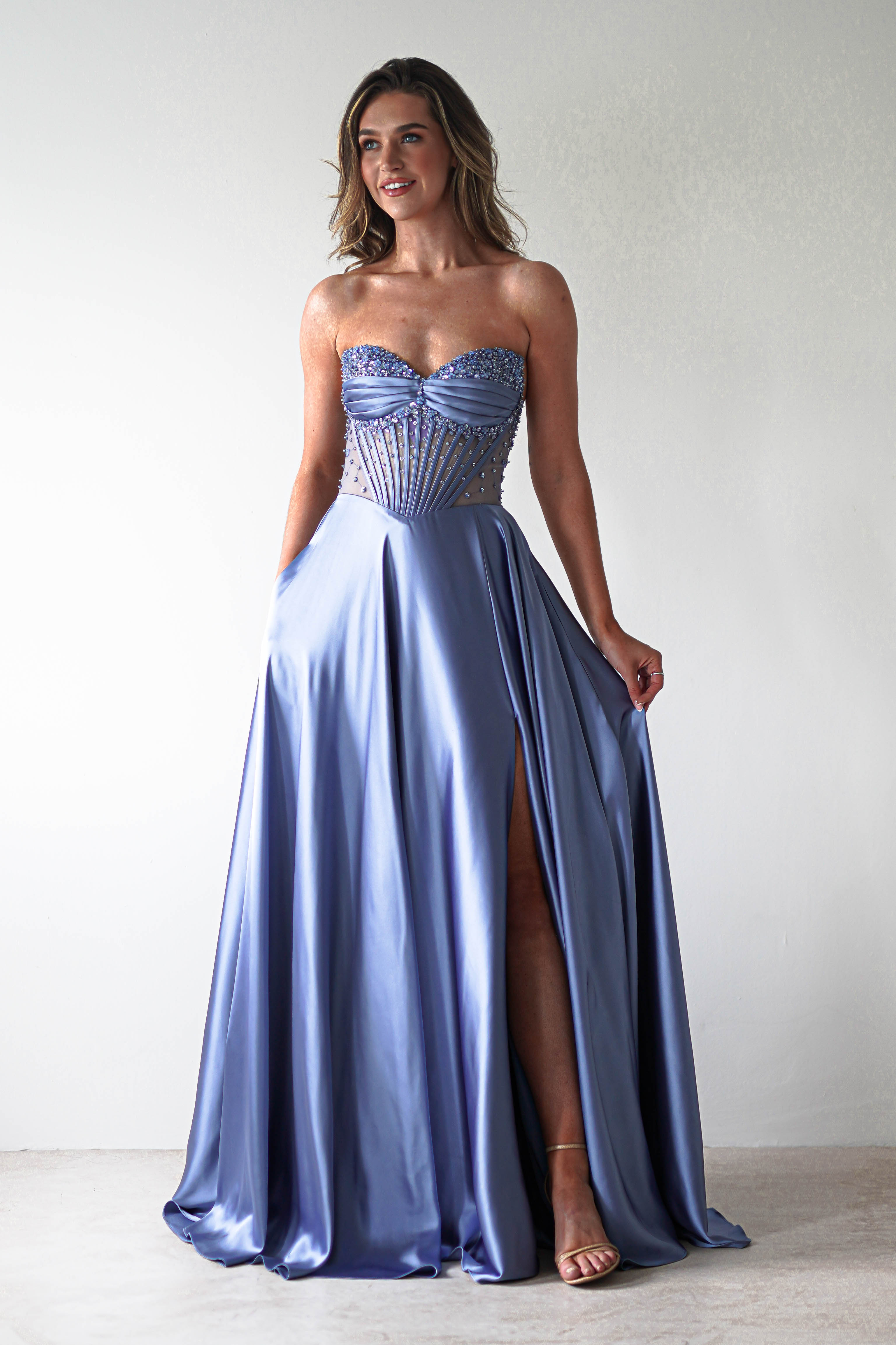 Tullie Satin A - Line Maxi Dress | Smokey Blue | Oh Hello Clothing | XS (6)