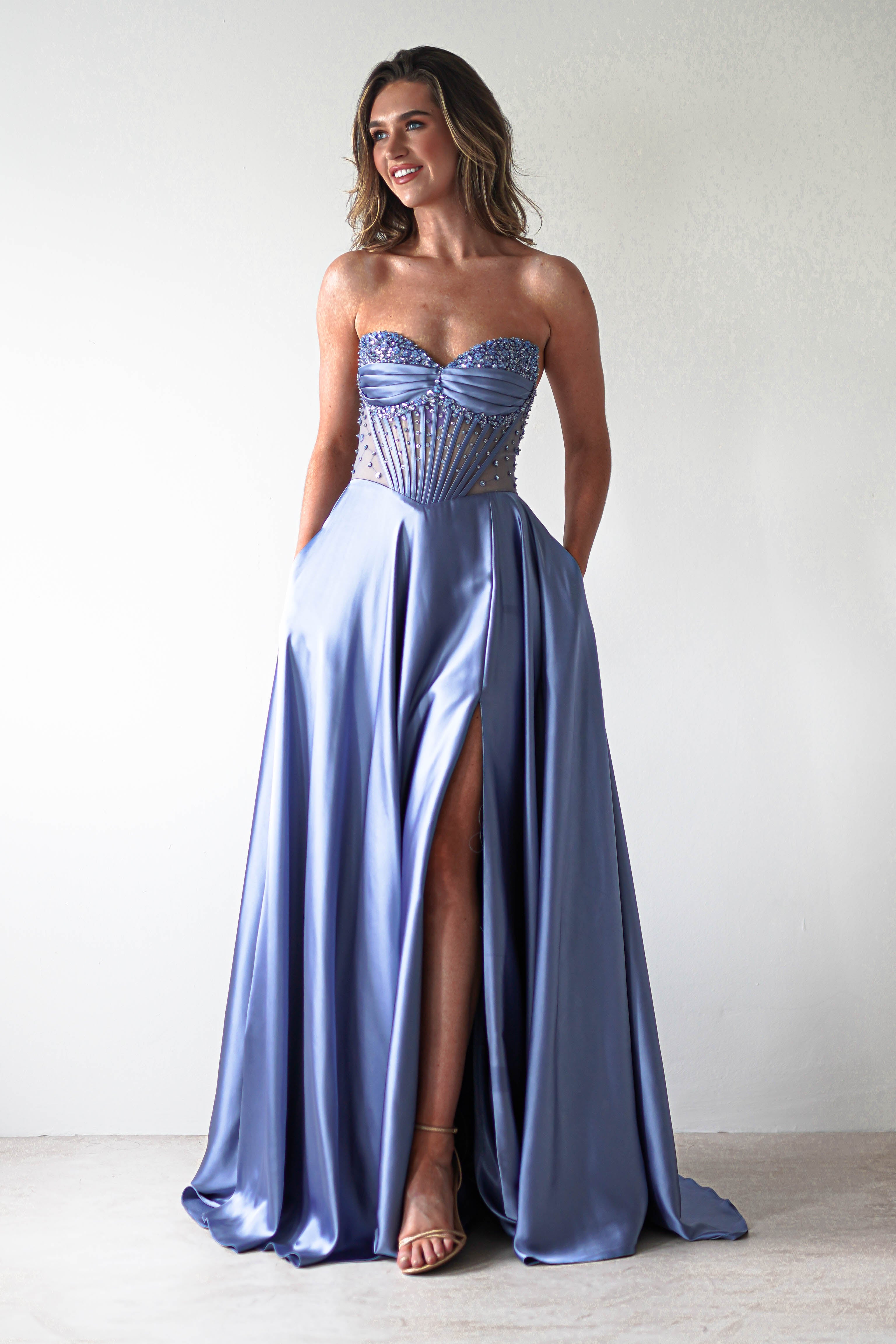 Tullie Satin A - Line Maxi Dress | Smokey Blue | Oh Hello Clothing | XS (6)