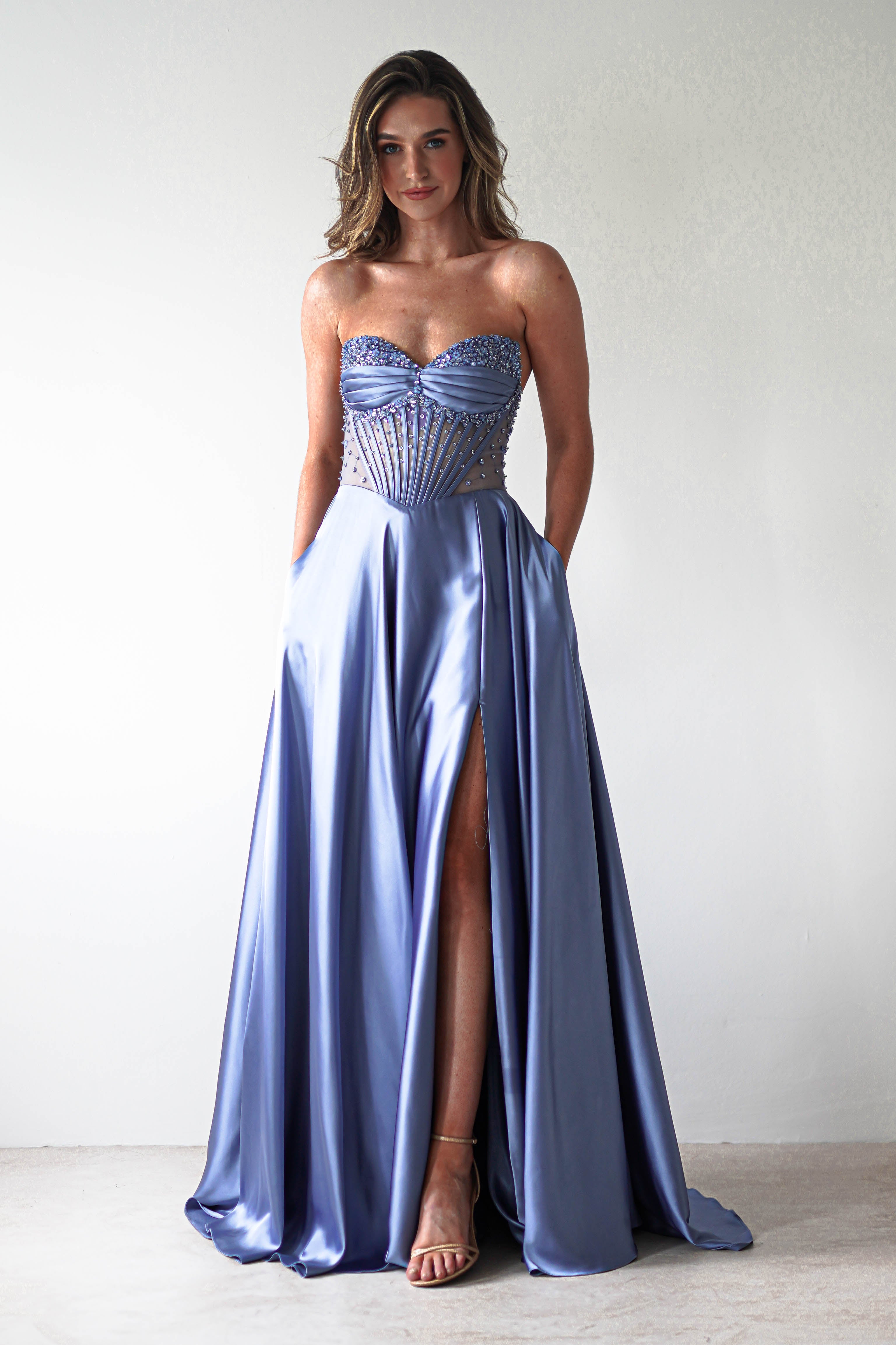 Tullie Satin A - Line Maxi Dress | Smokey Blue | Oh Hello Clothing | XS (6)