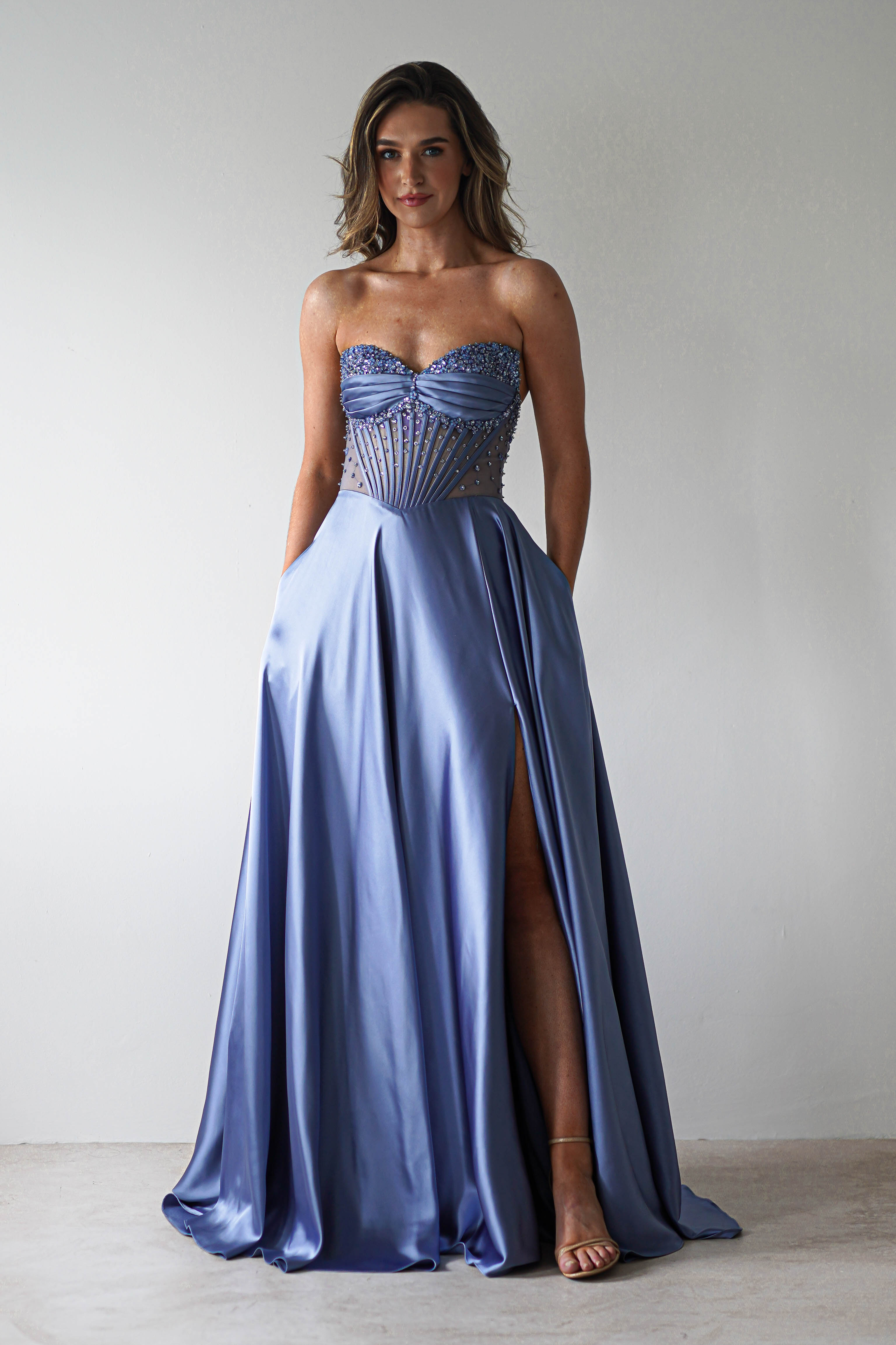 Tullie Satin A - Line Maxi Dress | Smokey Blue | Oh Hello Clothing | XS (6)