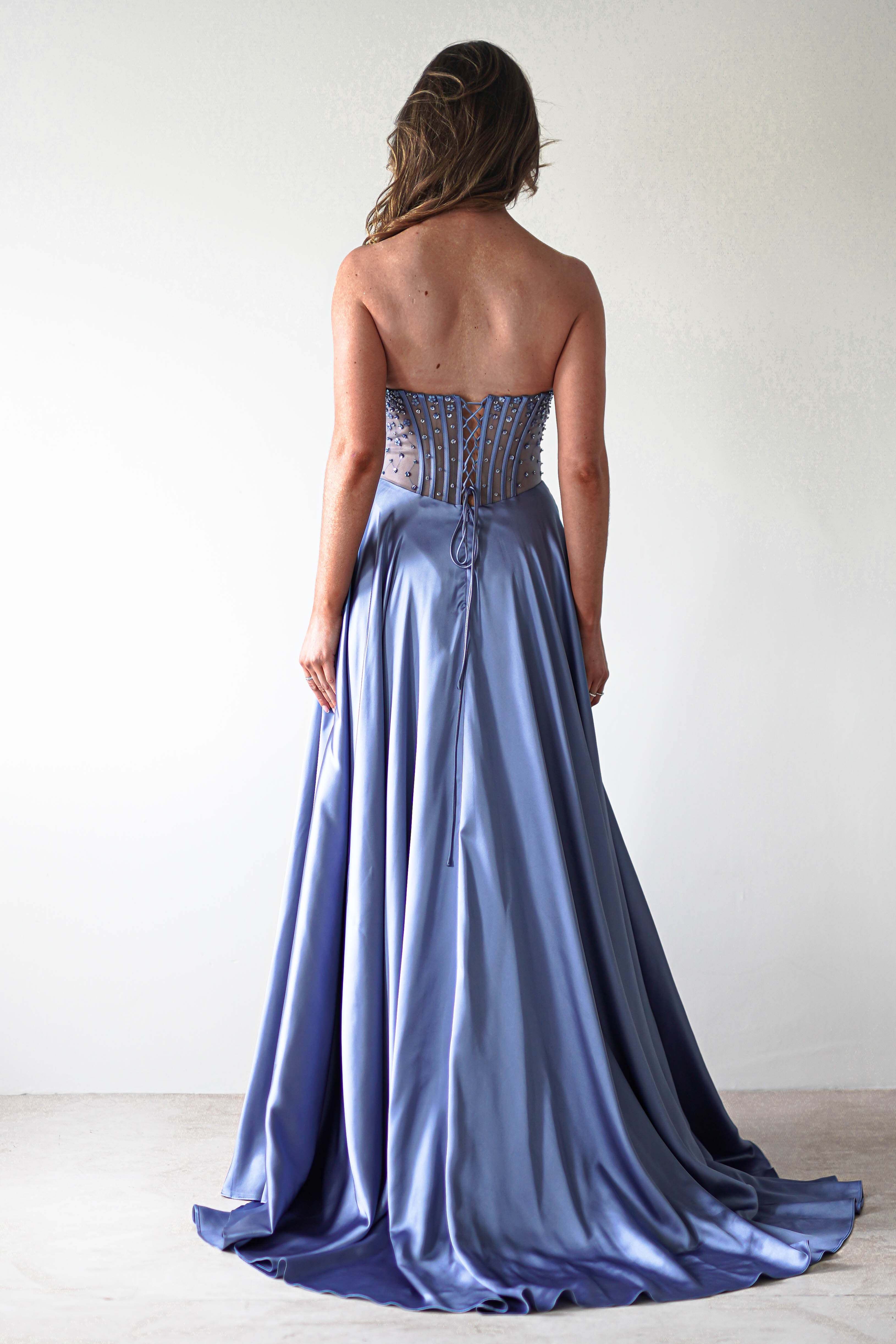 Tullie Satin A - Line Maxi Dress | Smokey Blue | Oh Hello Clothing | XS (6)