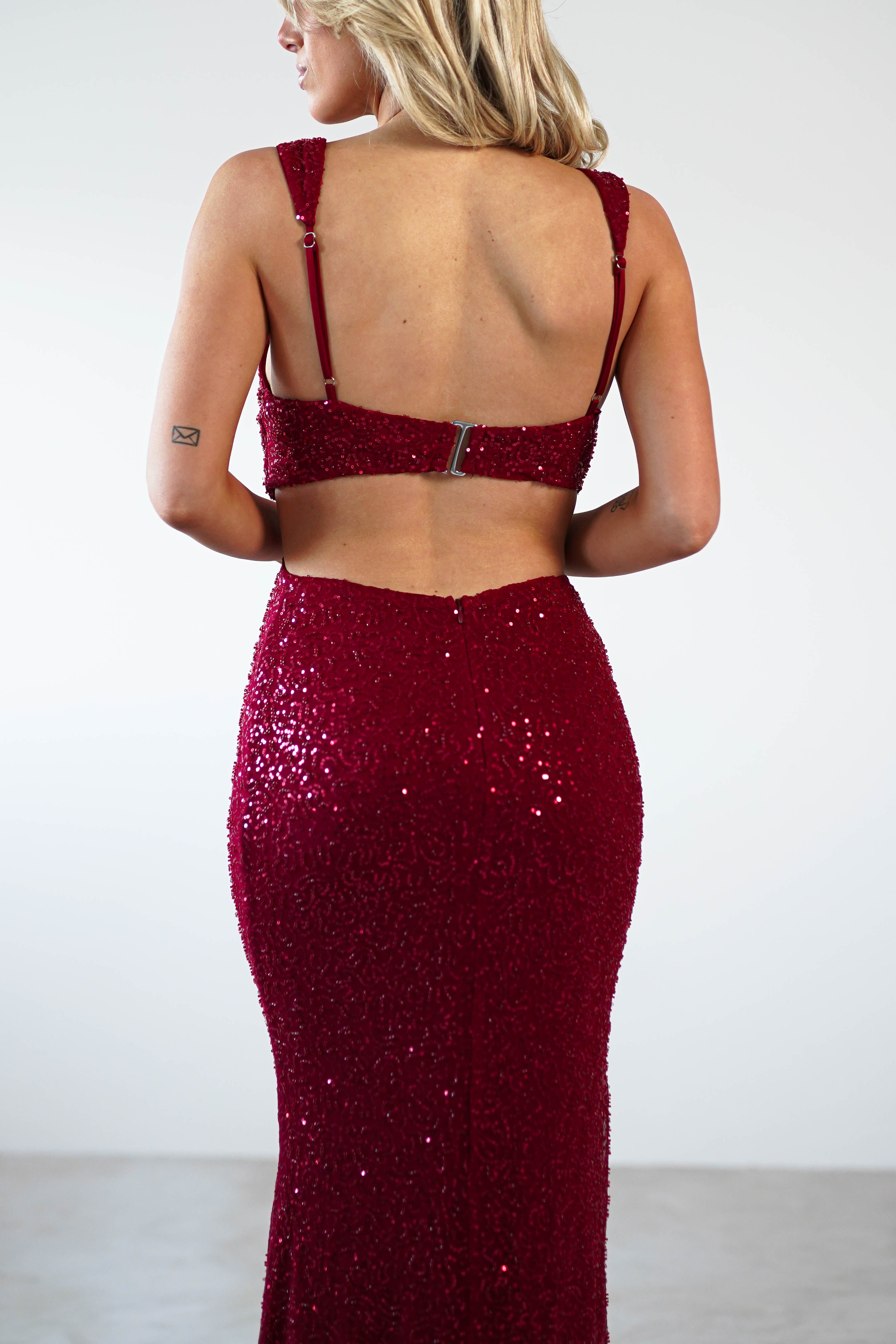Tora Cut Out Sequin Maxi Dress | Dark Red - Oh Hello Clothing