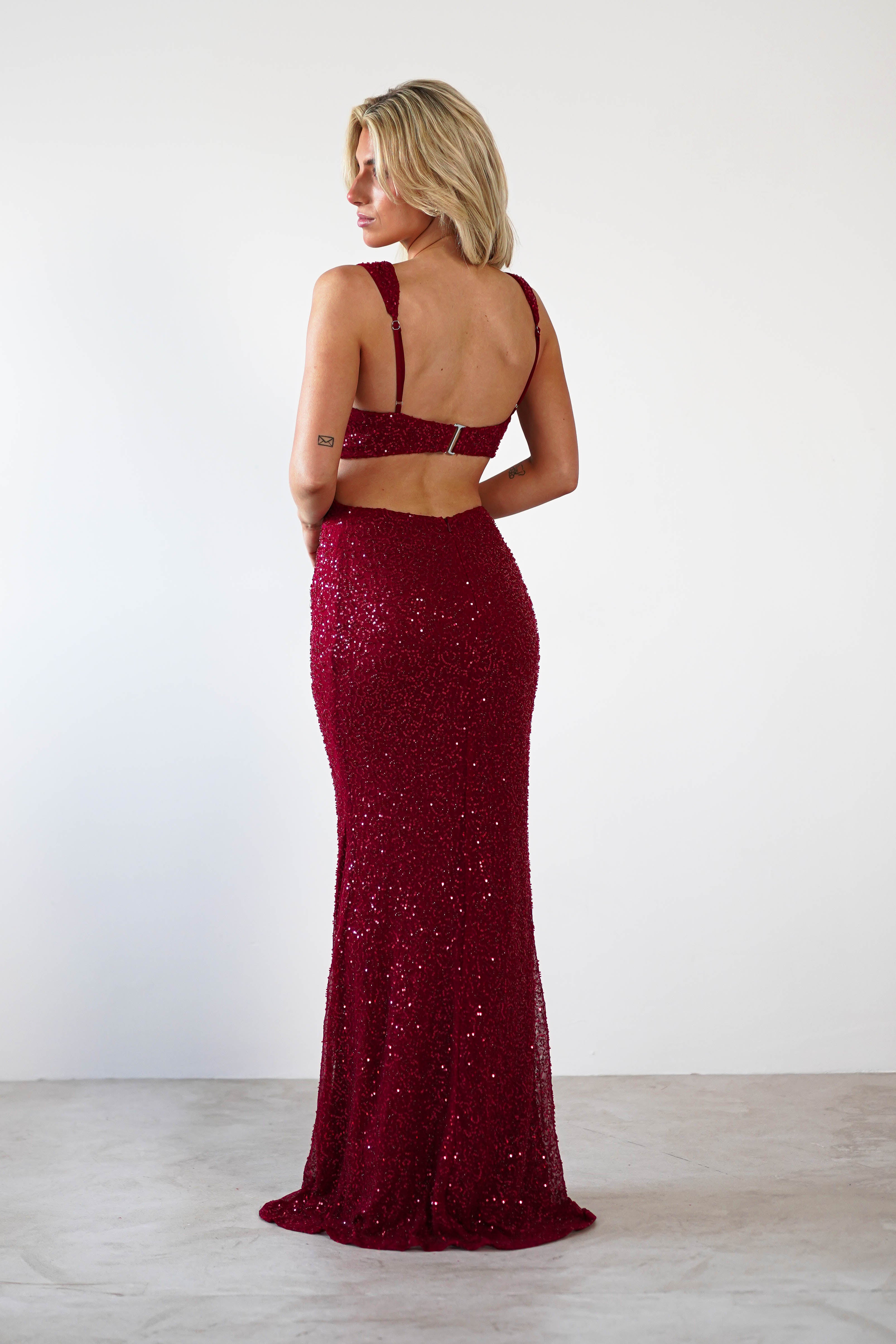 Tora Cut Out Sequin Maxi Dress | Dark Red - Oh Hello Clothing