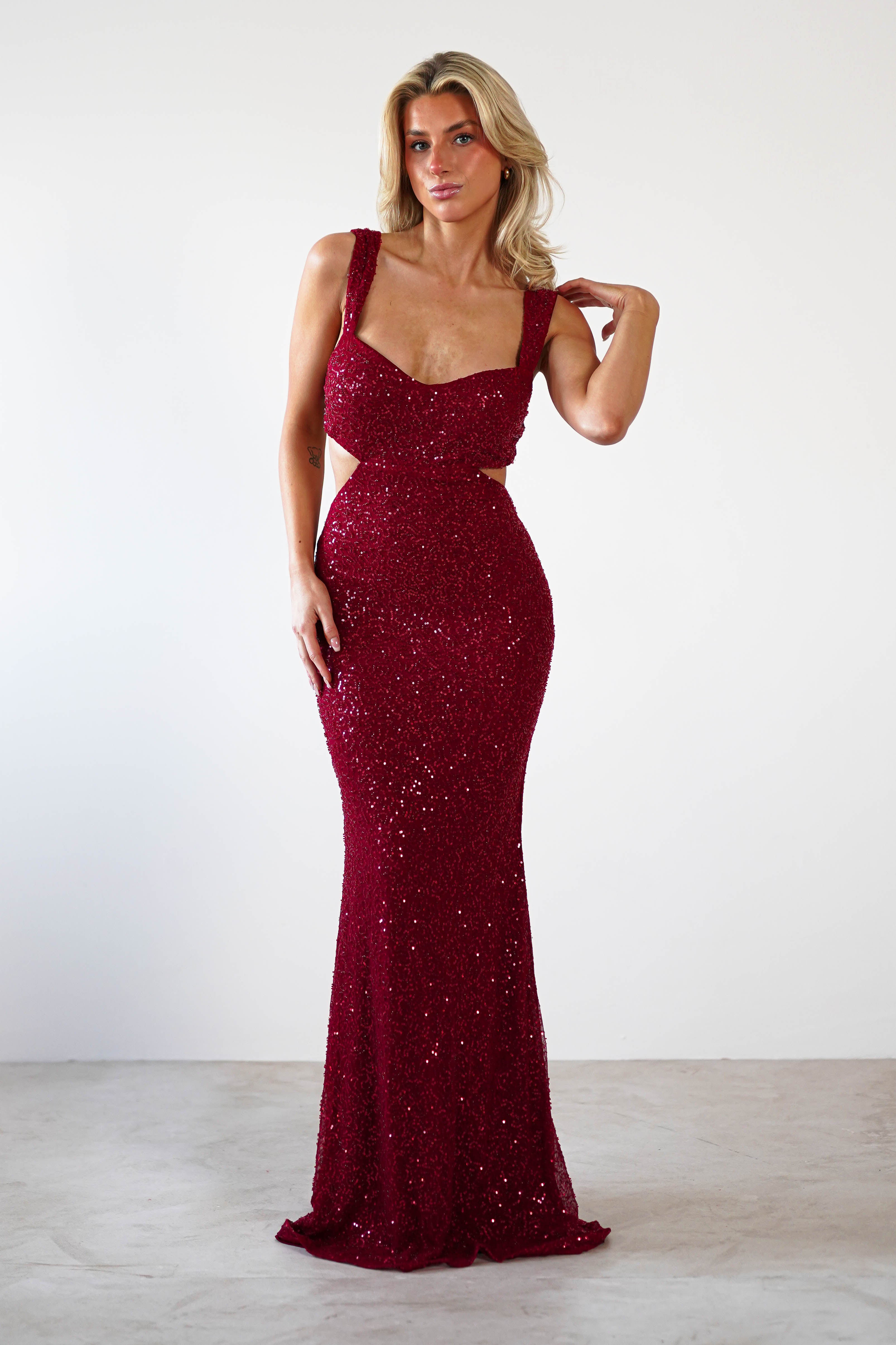 Tora Cut Out Sequin Maxi Dress | Dark Red - Oh Hello Clothing