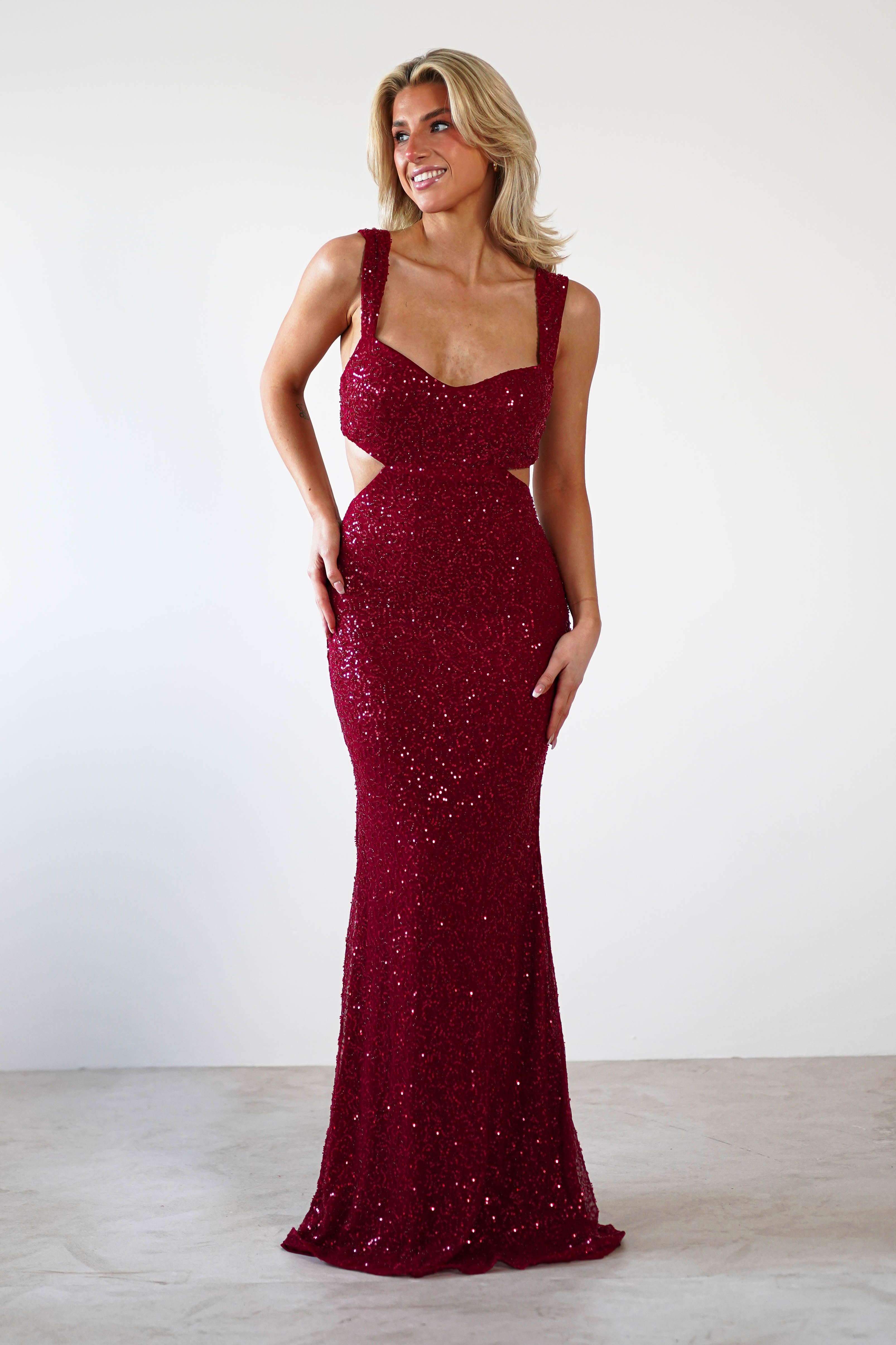 Tora Cut Out Sequin Maxi Dress | Dark Red - Oh Hello Clothing