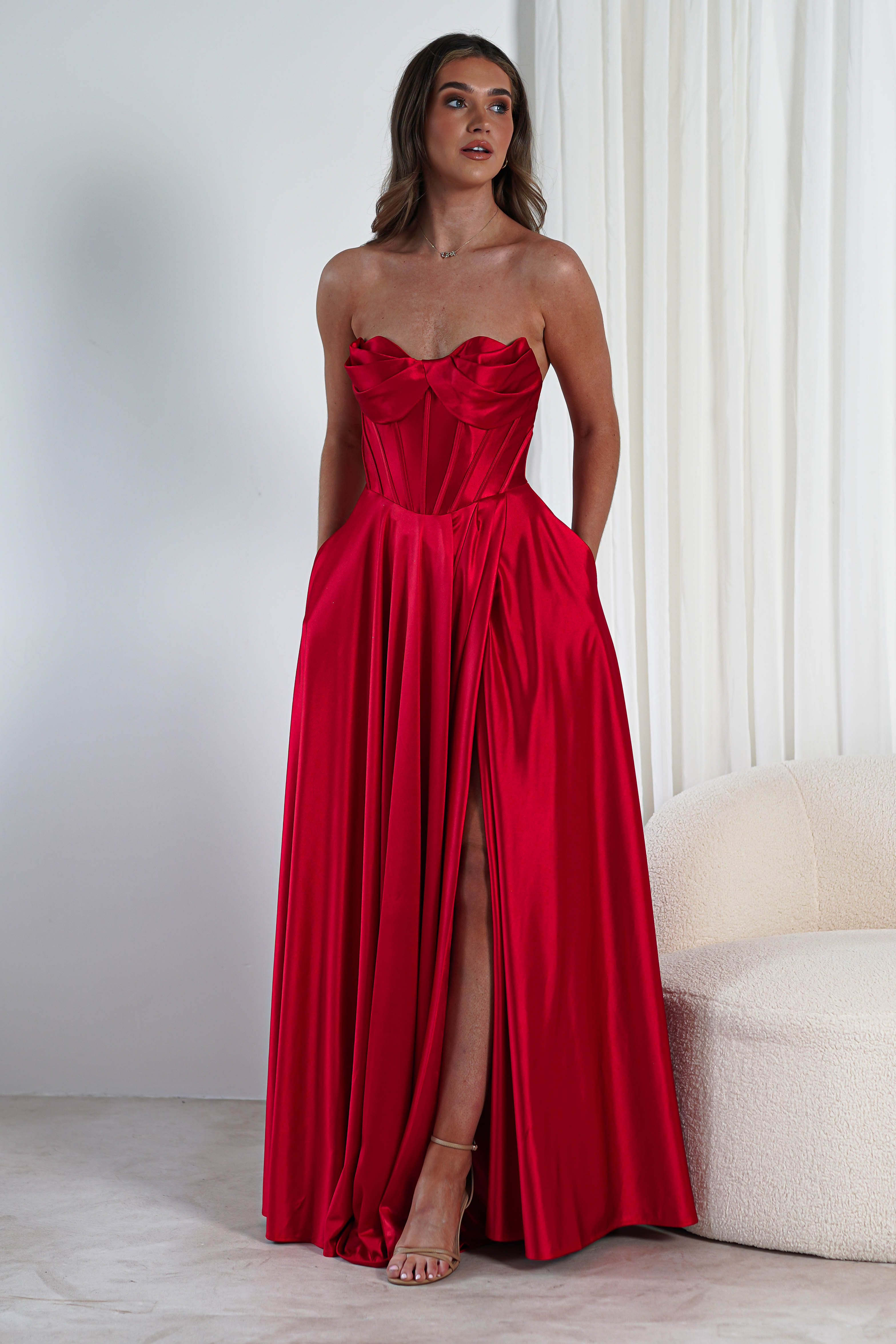 Kristi Strapless A Line Gown | Red | Oh Hello Clothing | XS (6)