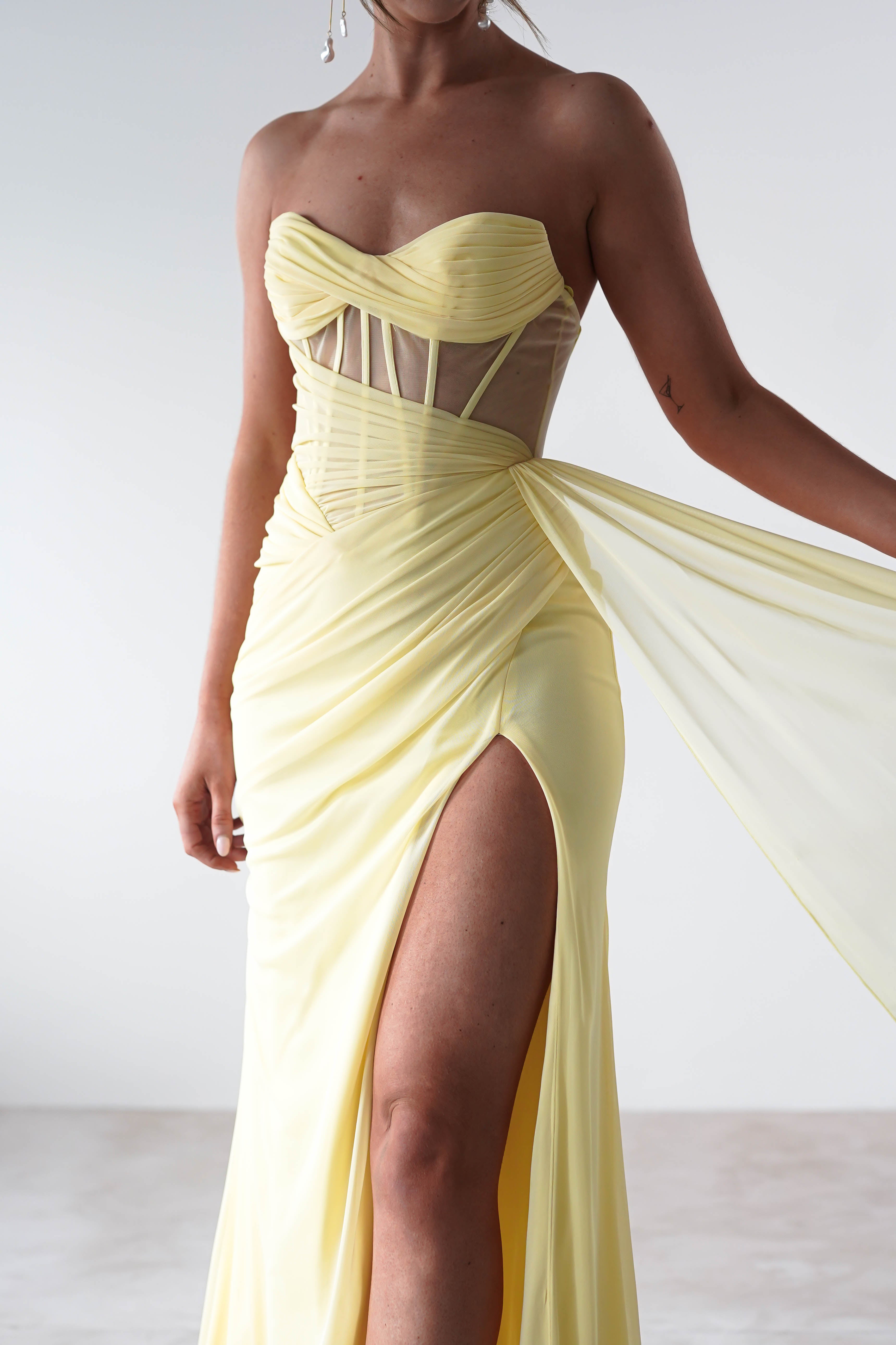 Robyn Draped Fitted Stapless Gown | Yellow | Oh Hello Clothing | XS (6)