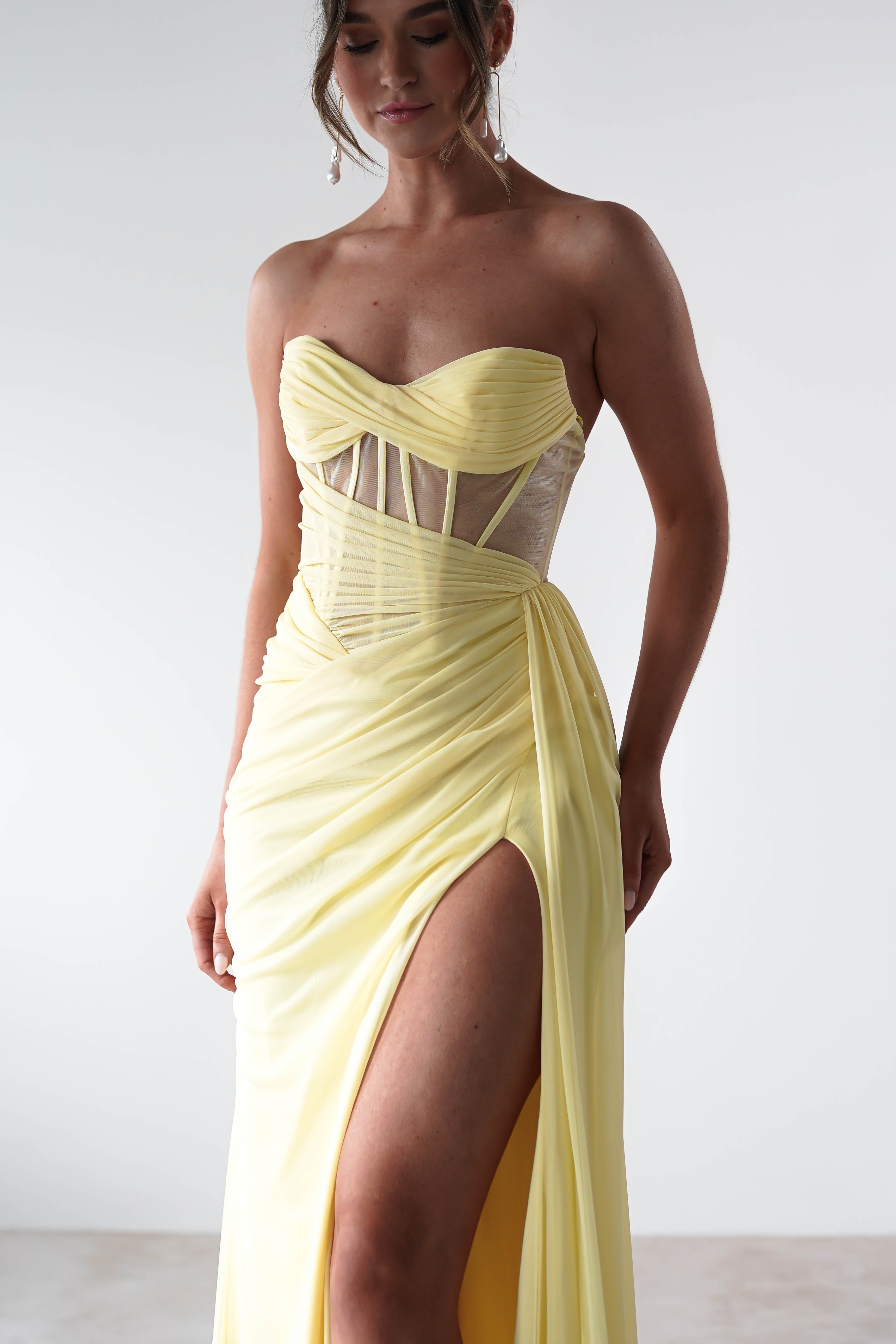 Robyn Draped Fitted Stapless Gown | Yellow | Oh Hello Clothing | XS (6)