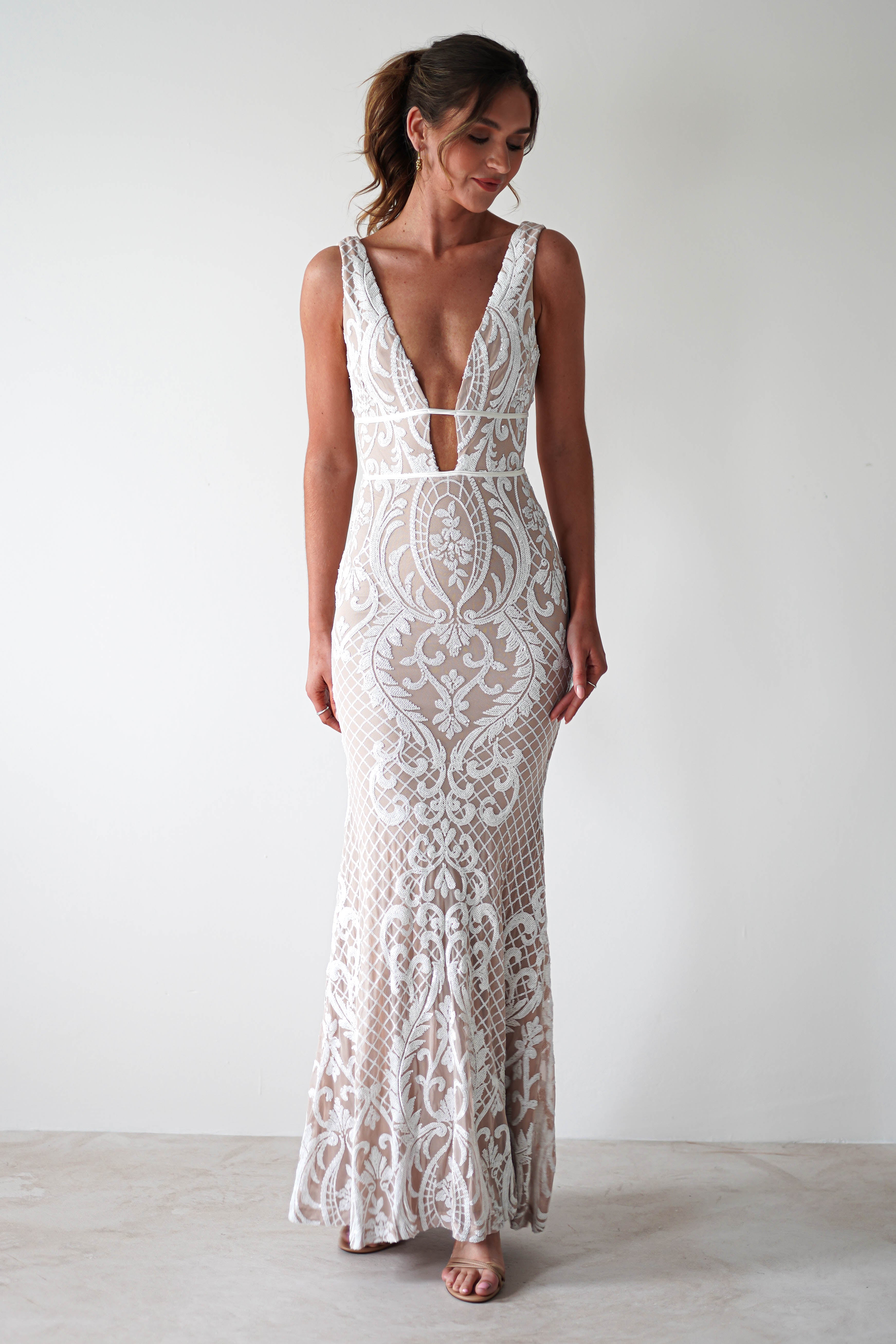 Lorenza Plunge Sequin Gown | Nude/White - Oh Hello Clothing