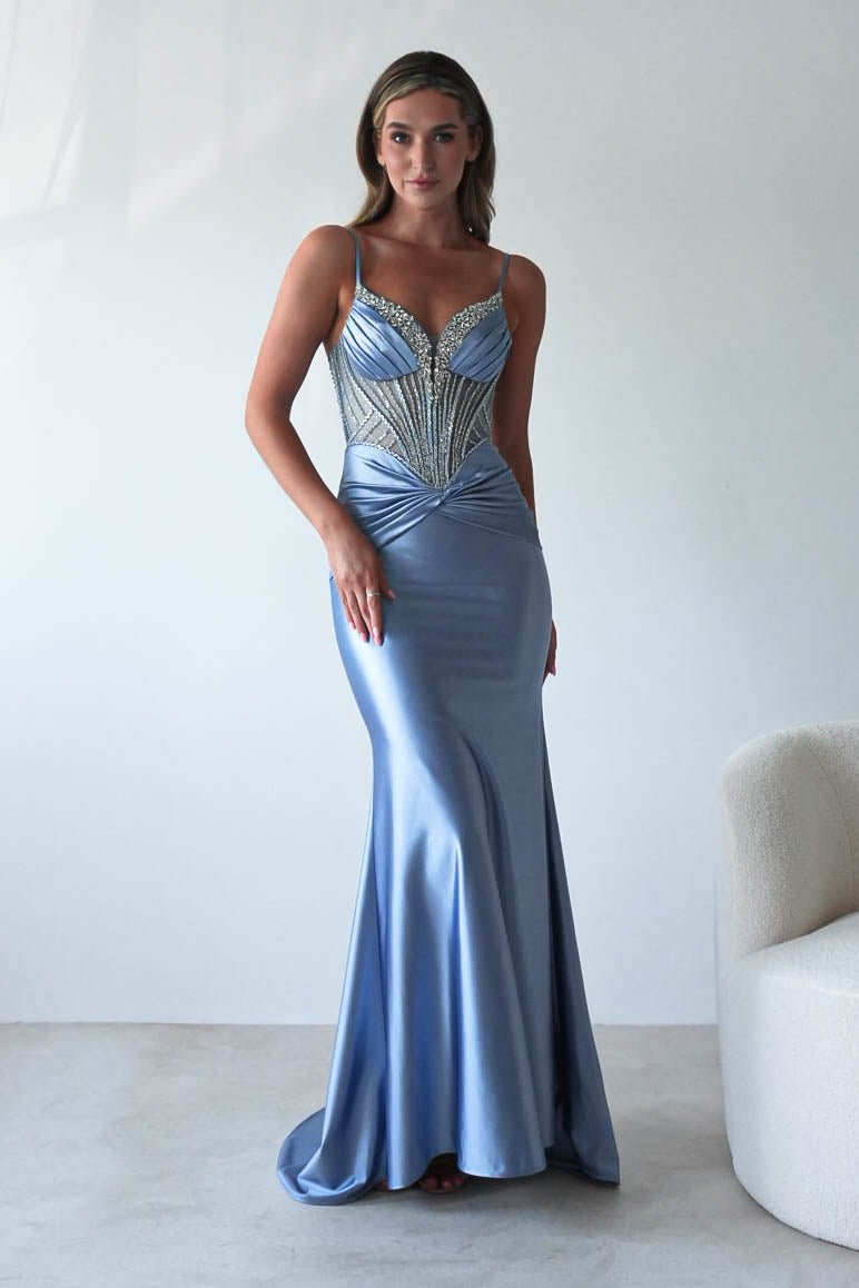 dusty blue gowns & formal dresses Vera Embellished Bodycon Gown | | Debs Prom San Filipe Dress - The structured corset bodice Size:20 (34/35) american smooth