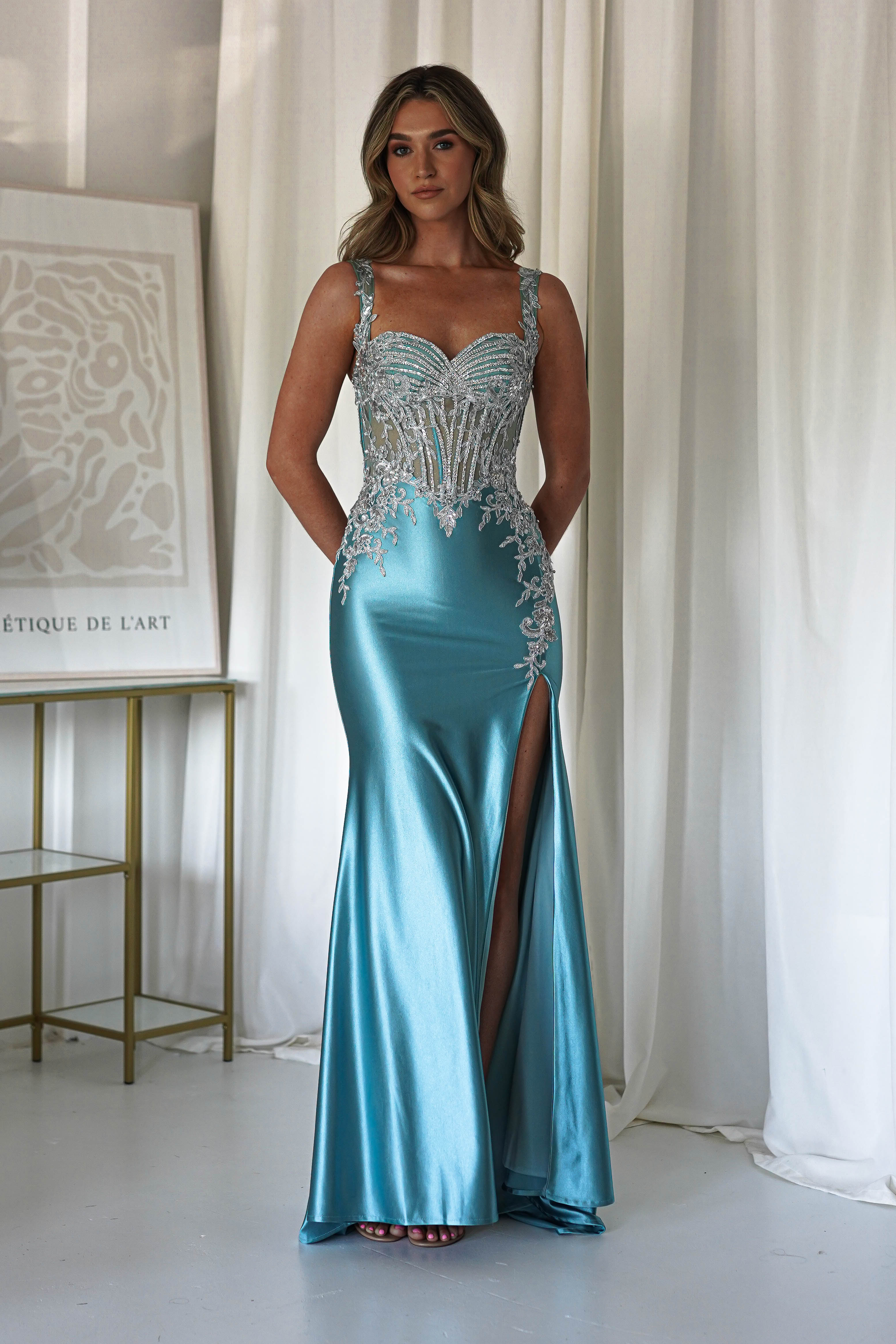 Rhodes Embellished Bodycon Gown | Robin Blue | Oh Hello Clothing | XS (6)