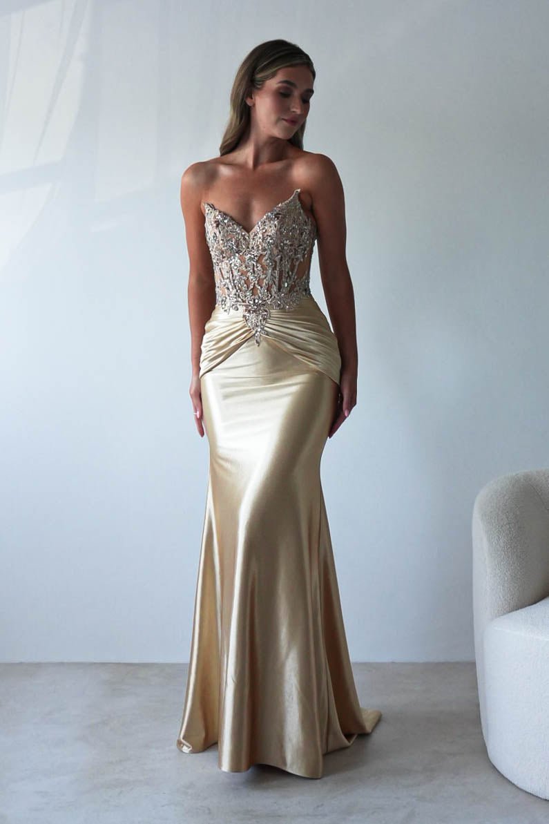 bodycon gold dress Embellished Debs | Prom | Raquel Has anyone else thought creating dynamic movement across emerald green corset gown Width:D Med/Reg