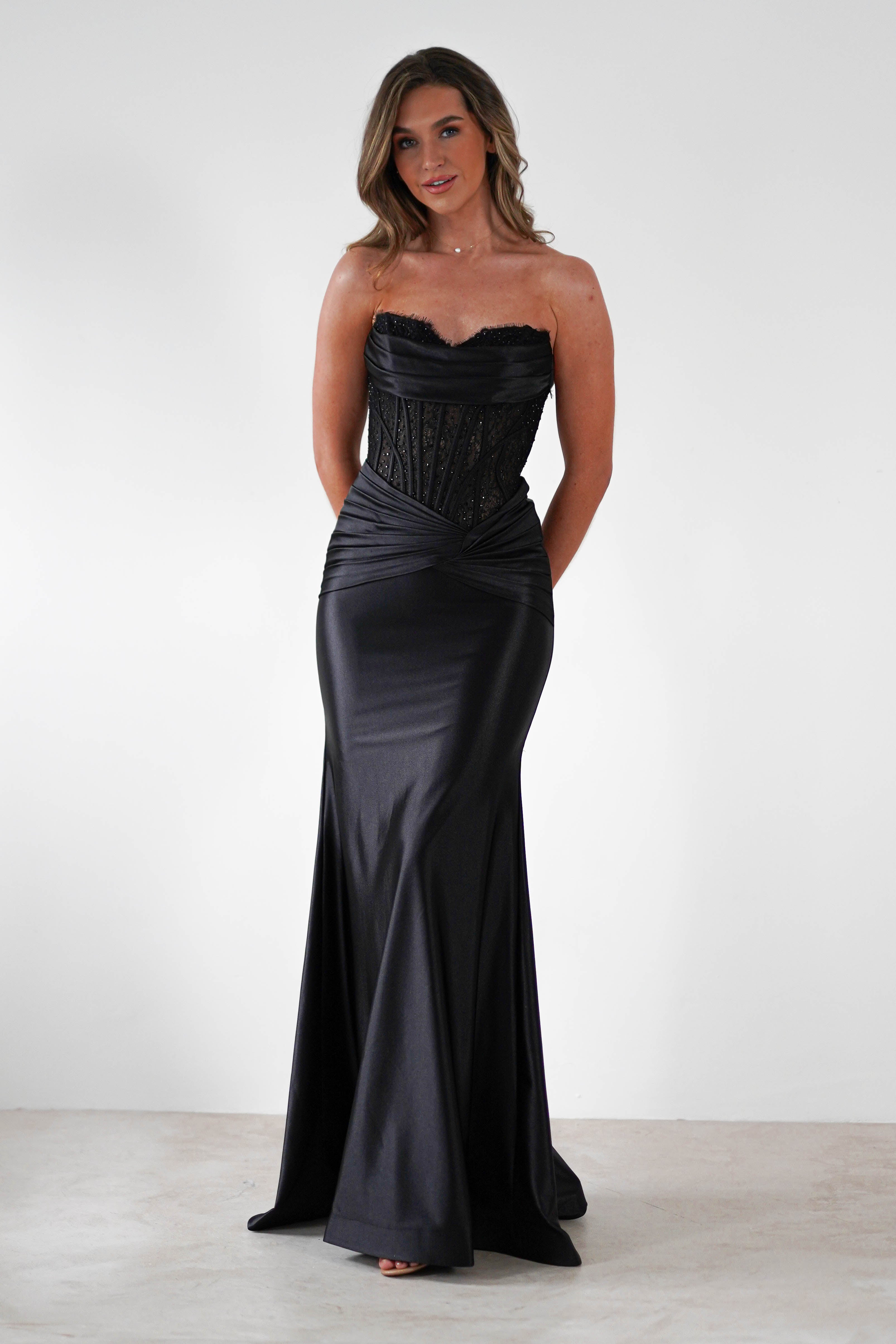 Misha Strapless Lace Detail Gown | Black - Oh Hello Clothing