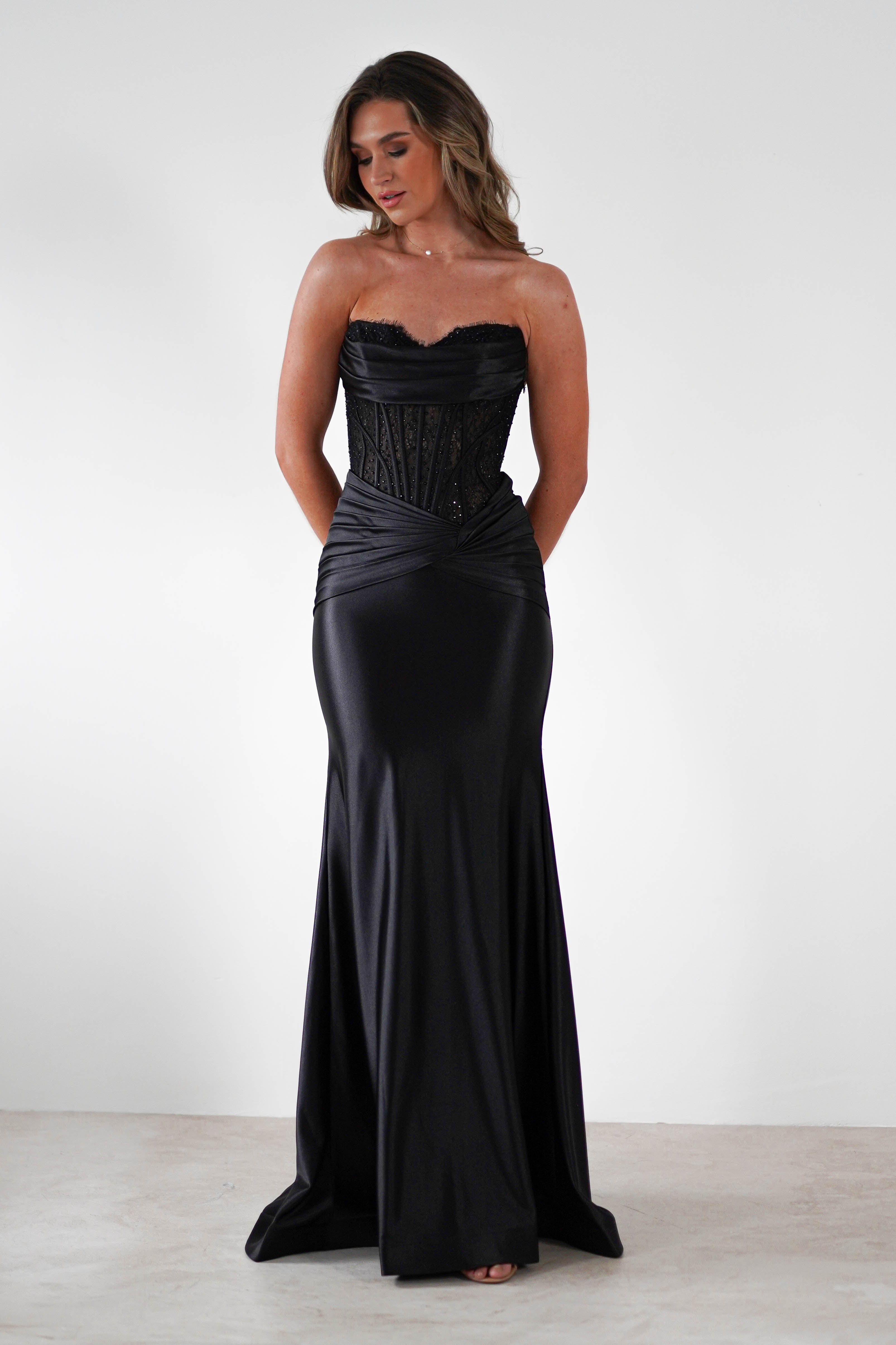 Misha Strapless Lace Detail Gown | Black - Oh Hello Clothing