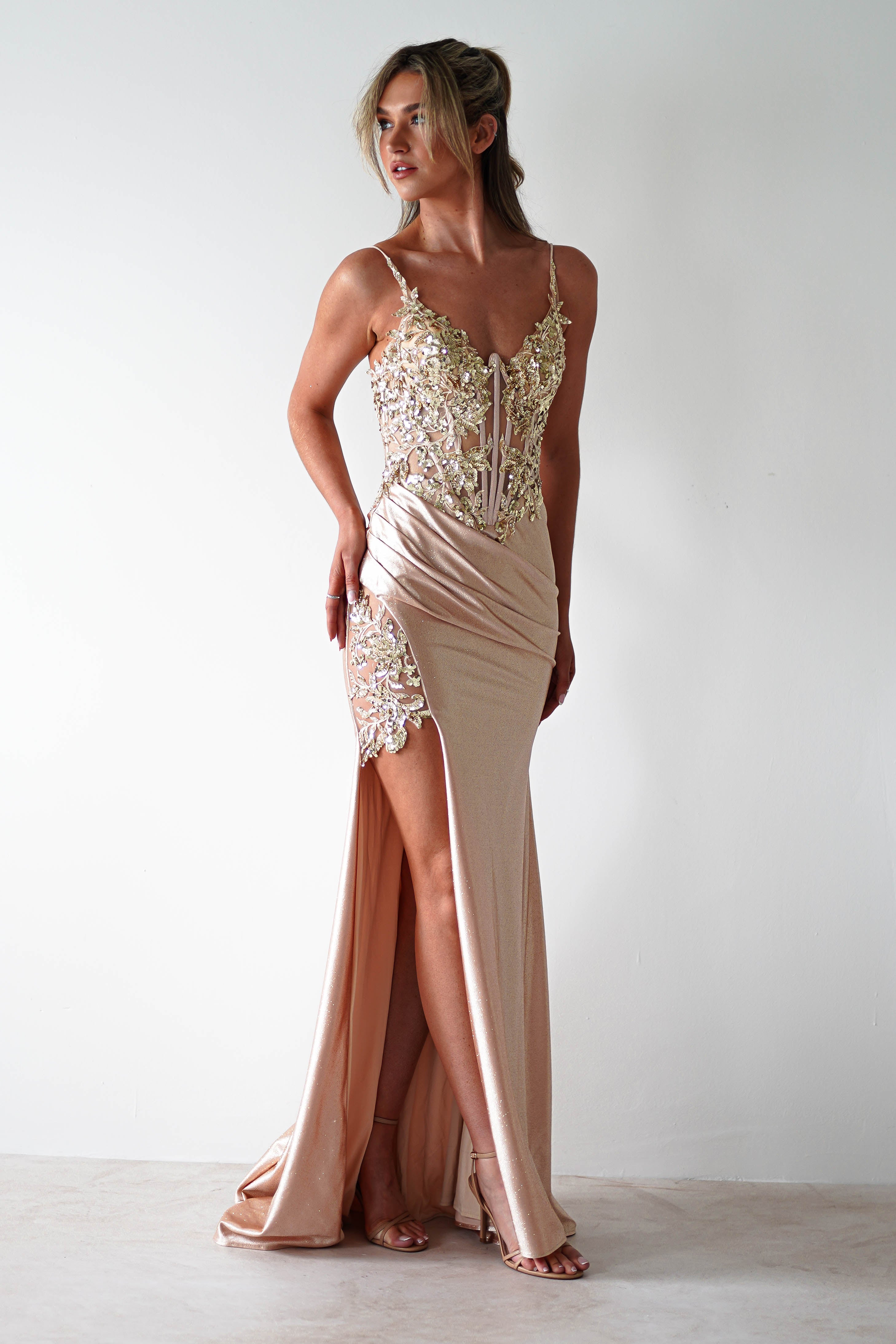 Regina Embellished Bodice Gown | Champagne/Gold - Oh Hello Clothing