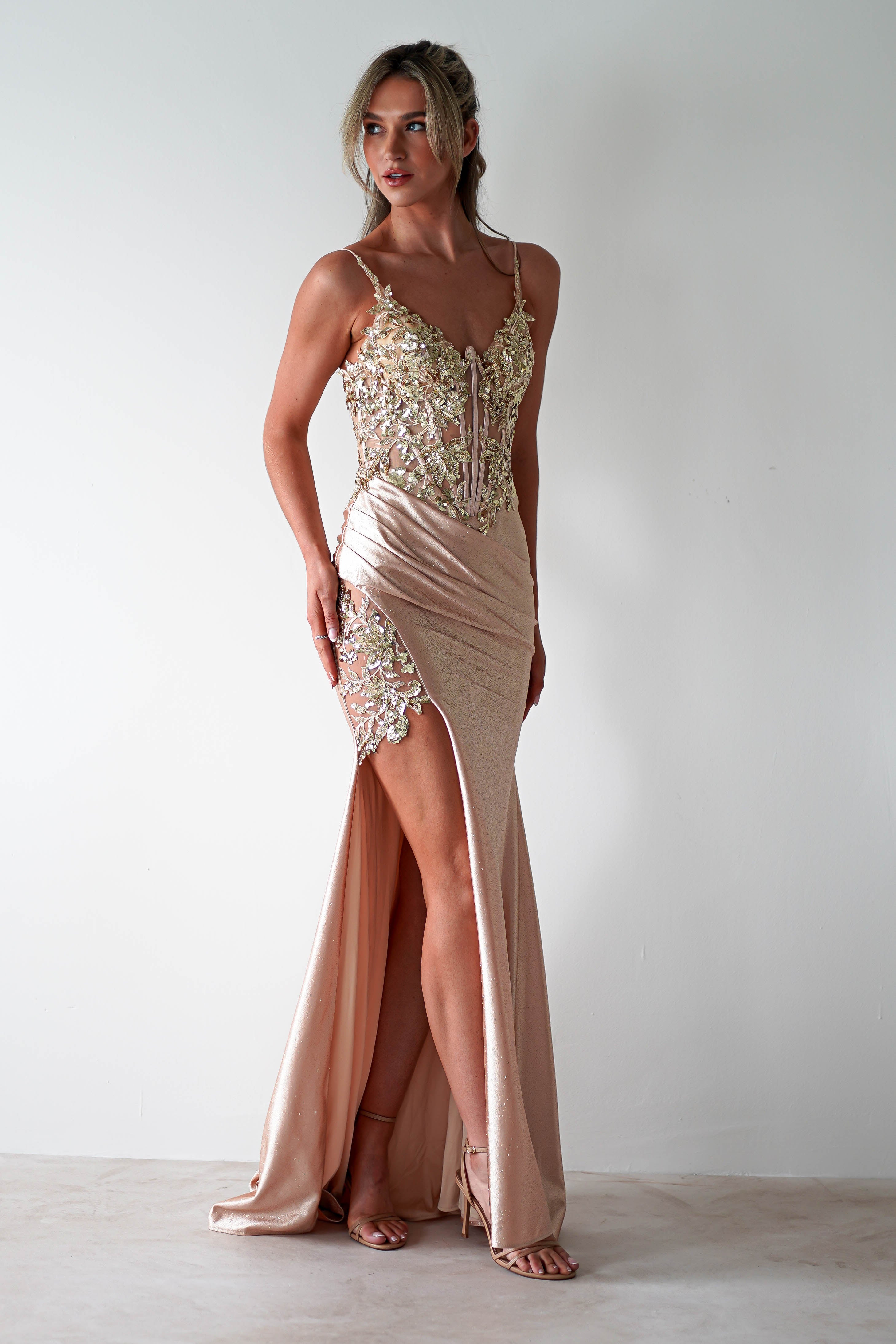 Regina Embellished Bodice Gown | Champagne/Gold - Oh Hello Clothing