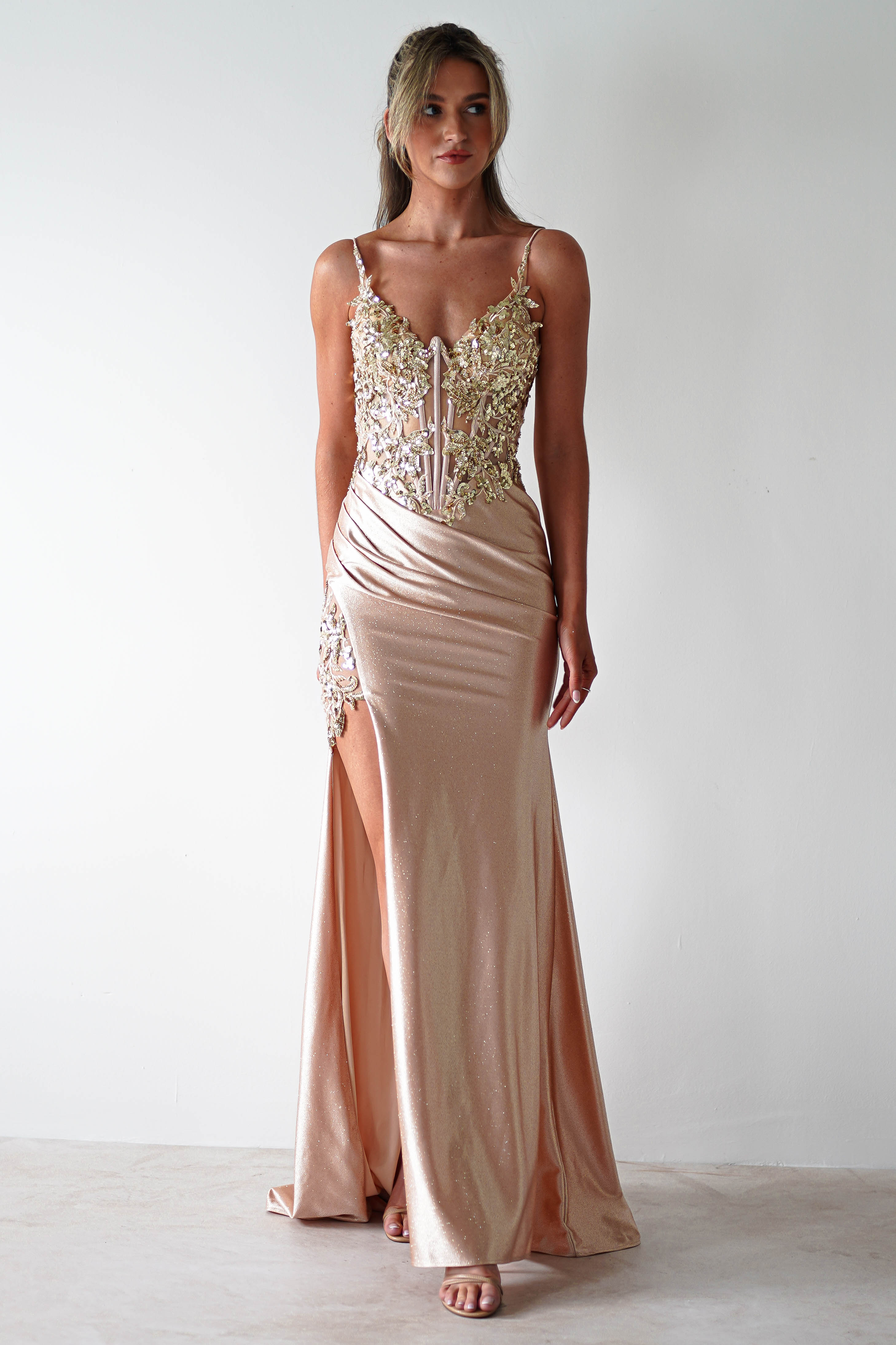 Regina Embellished Bodice Gown | Champagne/Gold - Oh Hello Clothing