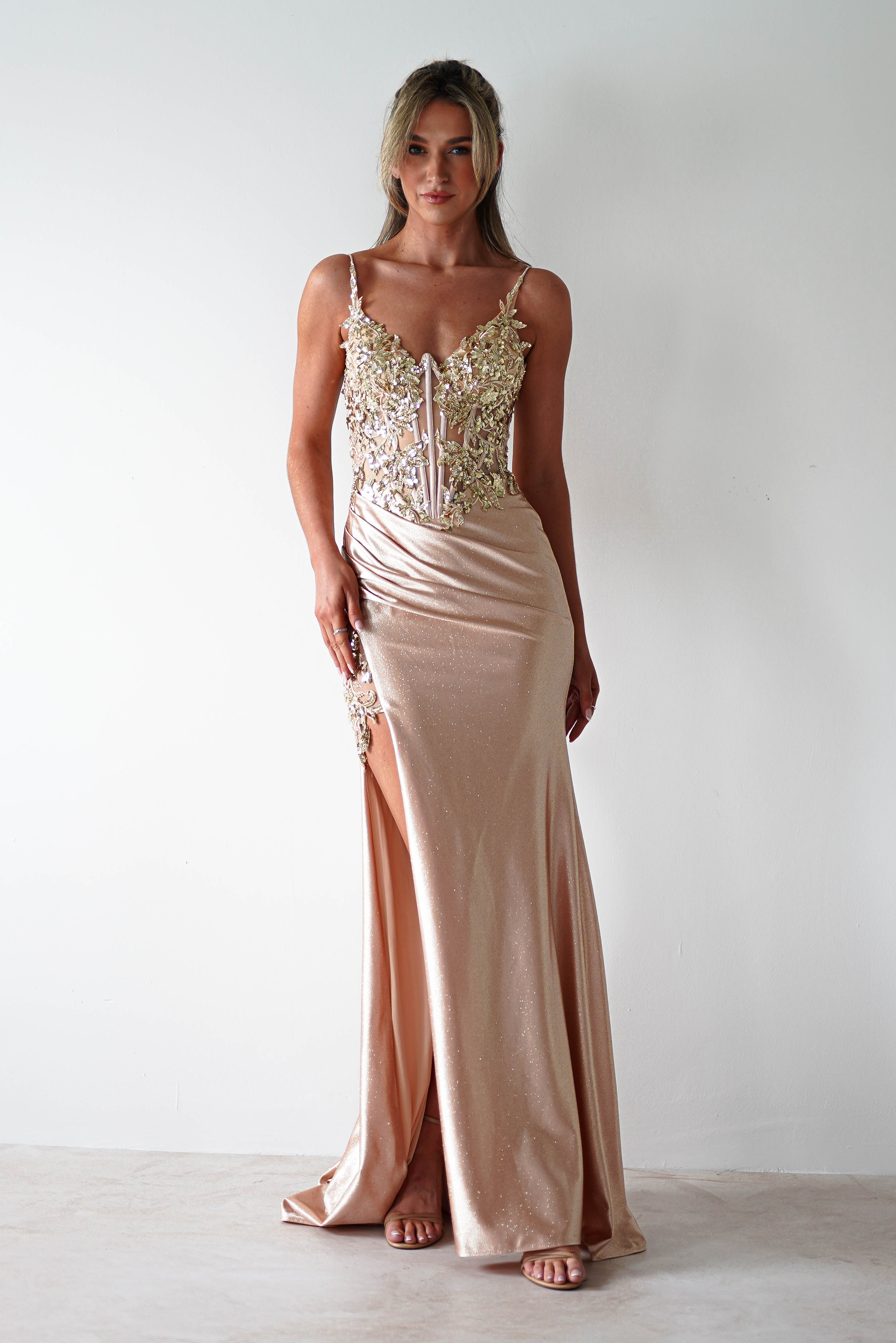 Regina Embellished Bodice Gown | Champagne/Gold - Oh Hello Clothing
