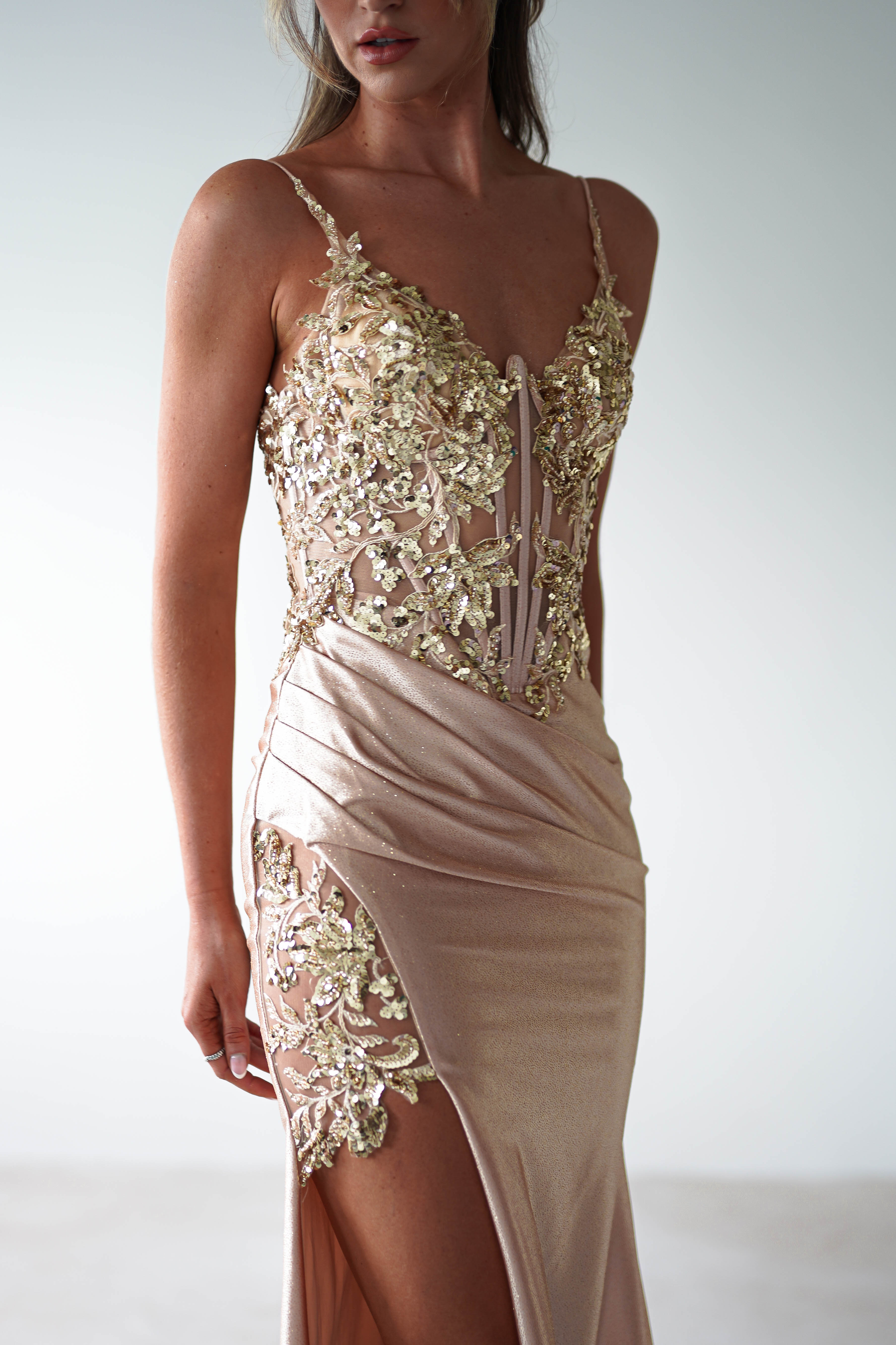Regina Embellished Bodice Gown | Champagne/Gold - Oh Hello Clothing