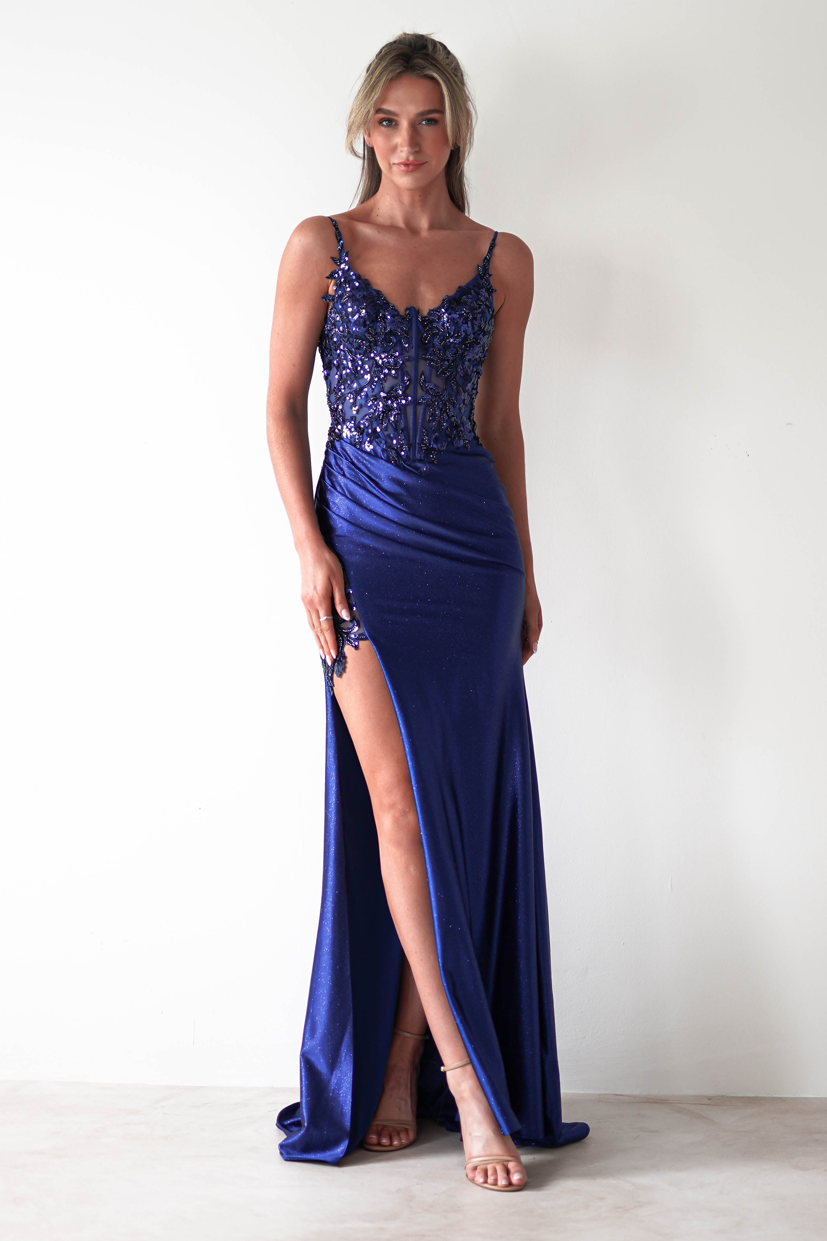 Regina Embellished Bodice Gown | Midnight Blue - Oh Hello Clothing
