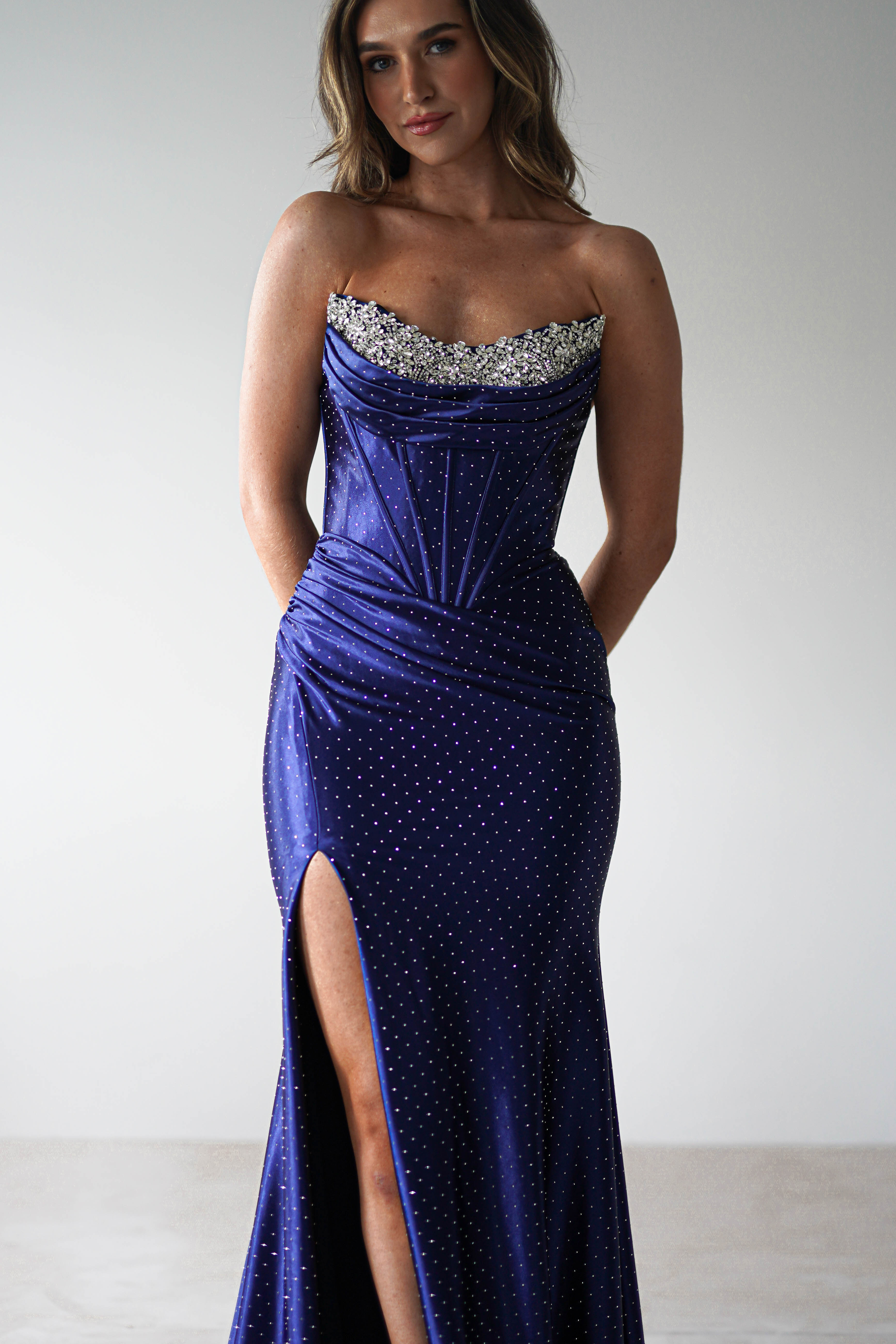 Pranvera Embellished Micro Crystal Gown | Dusty Navy | Oh Hello Clothing | XS (6)