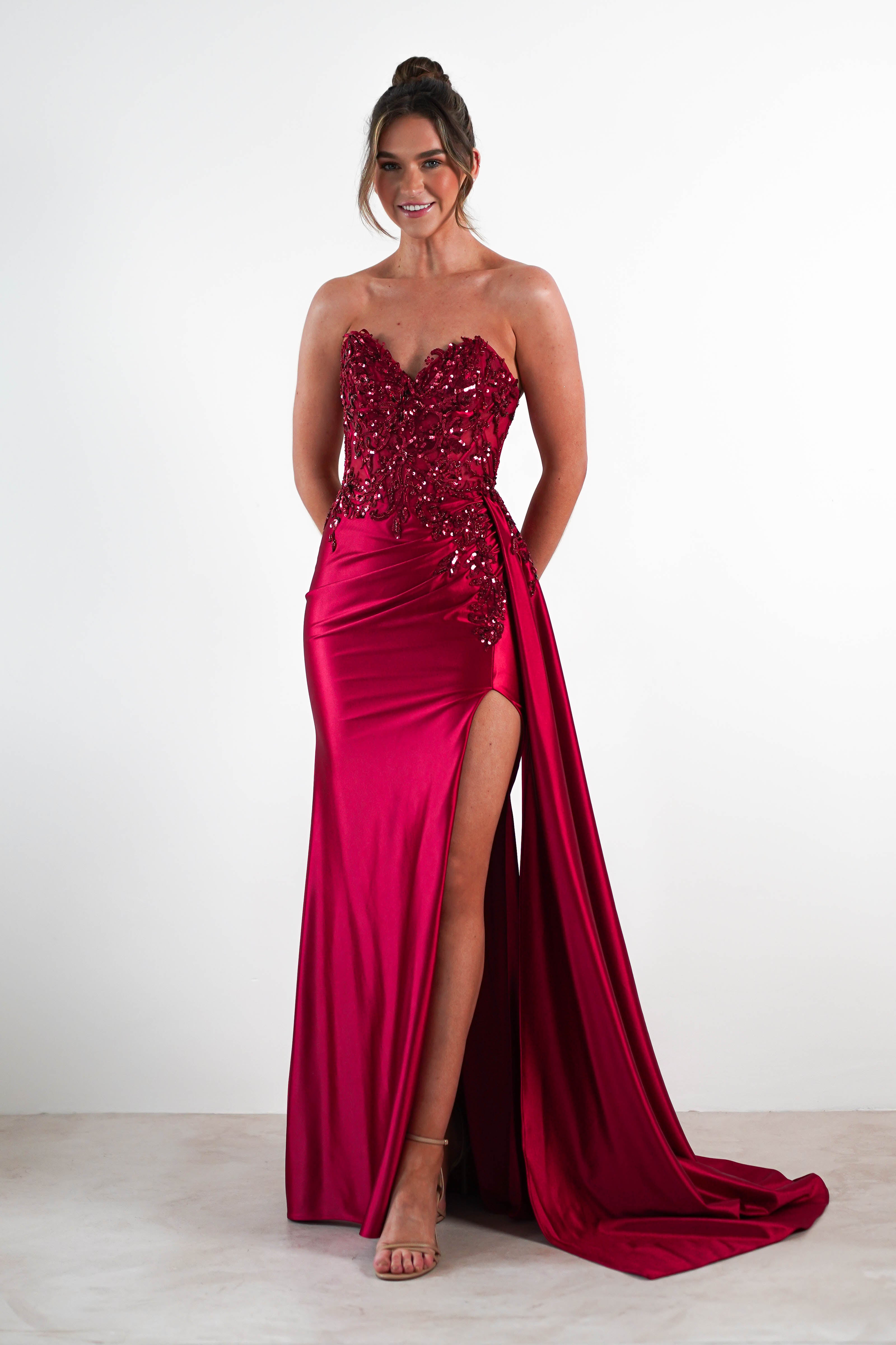 Saraya Bodycon Embellished Gown | Dark Red | Oh Hello Clothing | XS (6)