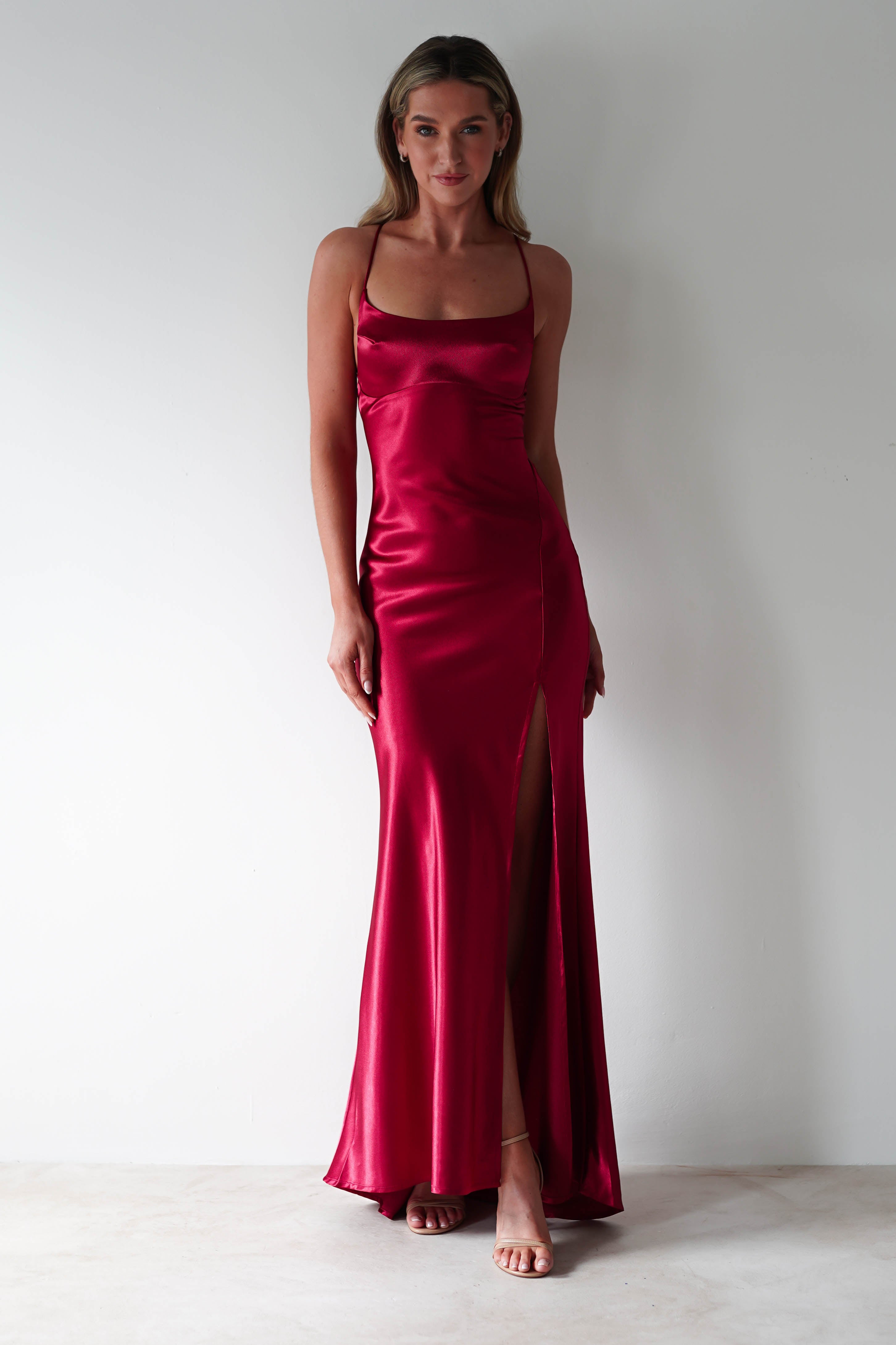 Celinee Satin Maxi Gown | Red - Oh Hello Clothing