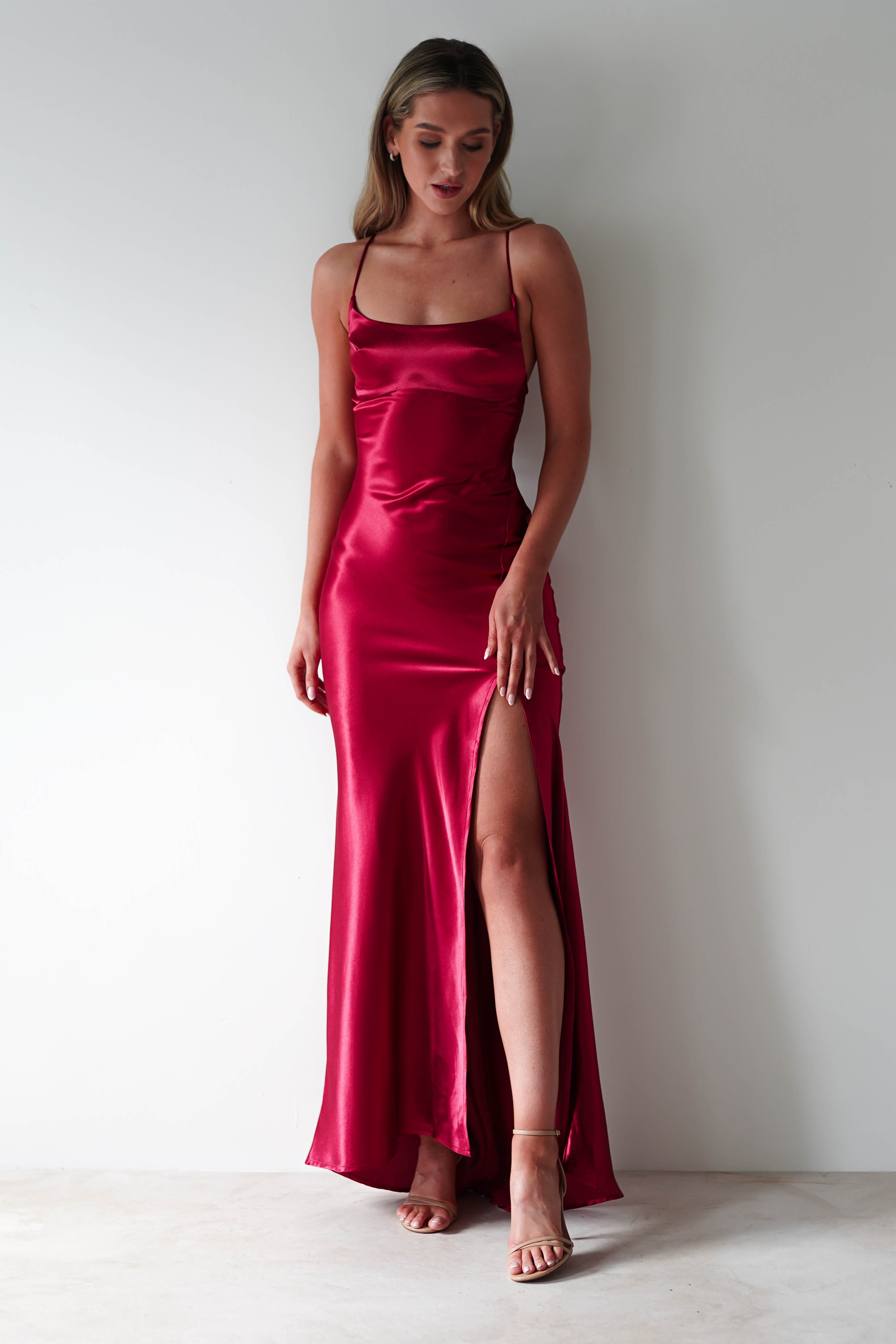 Celinee Satin Maxi Gown | Red - Oh Hello Clothing