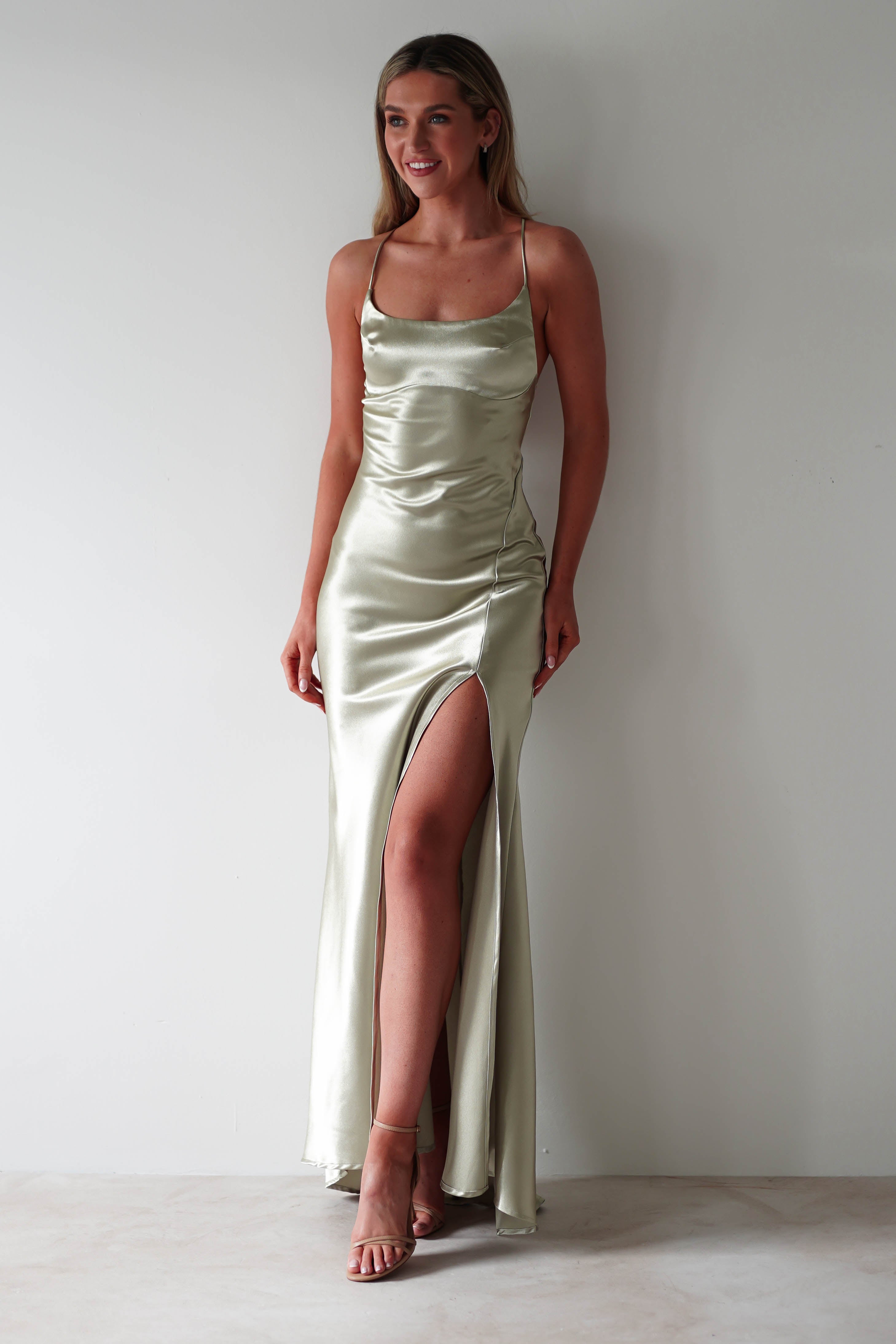 Celinee Satin Maxi Gown | Sage - Oh Hello Clothing