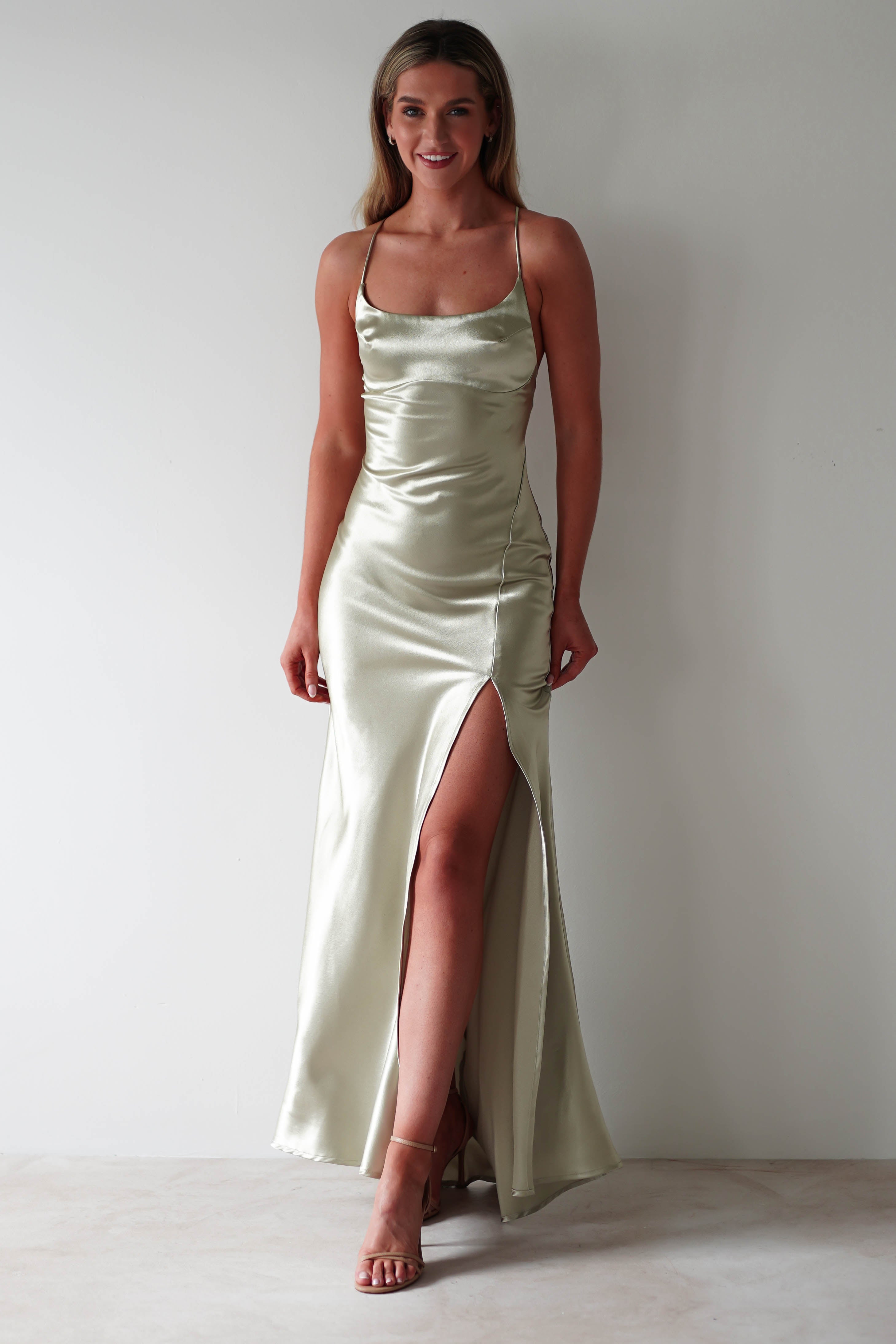 Celinee Satin Maxi Gown | Sage - Oh Hello Clothing