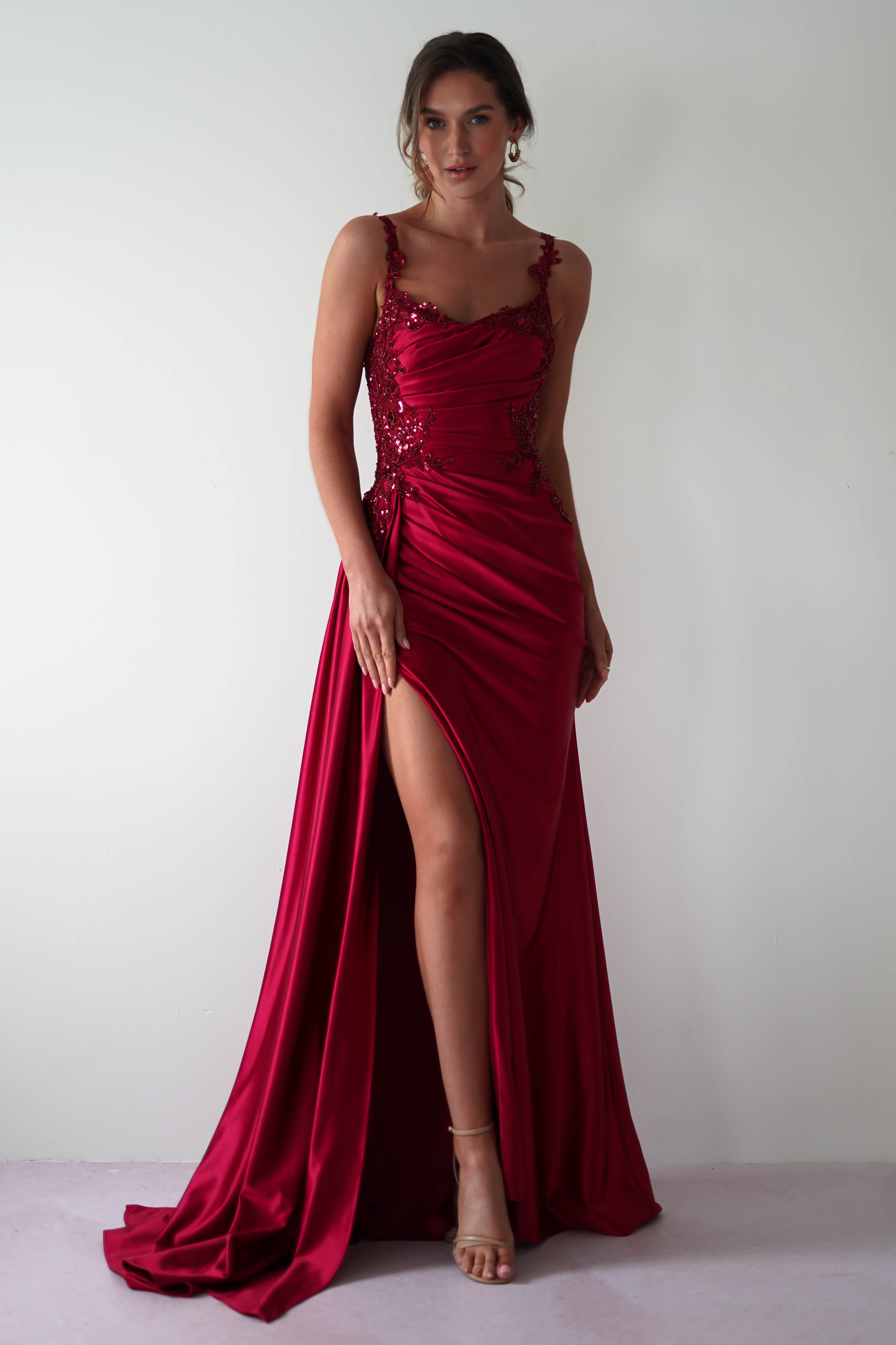 Cindy Pleated Bodice Gown | Burgundy - Oh Hello Clothing
