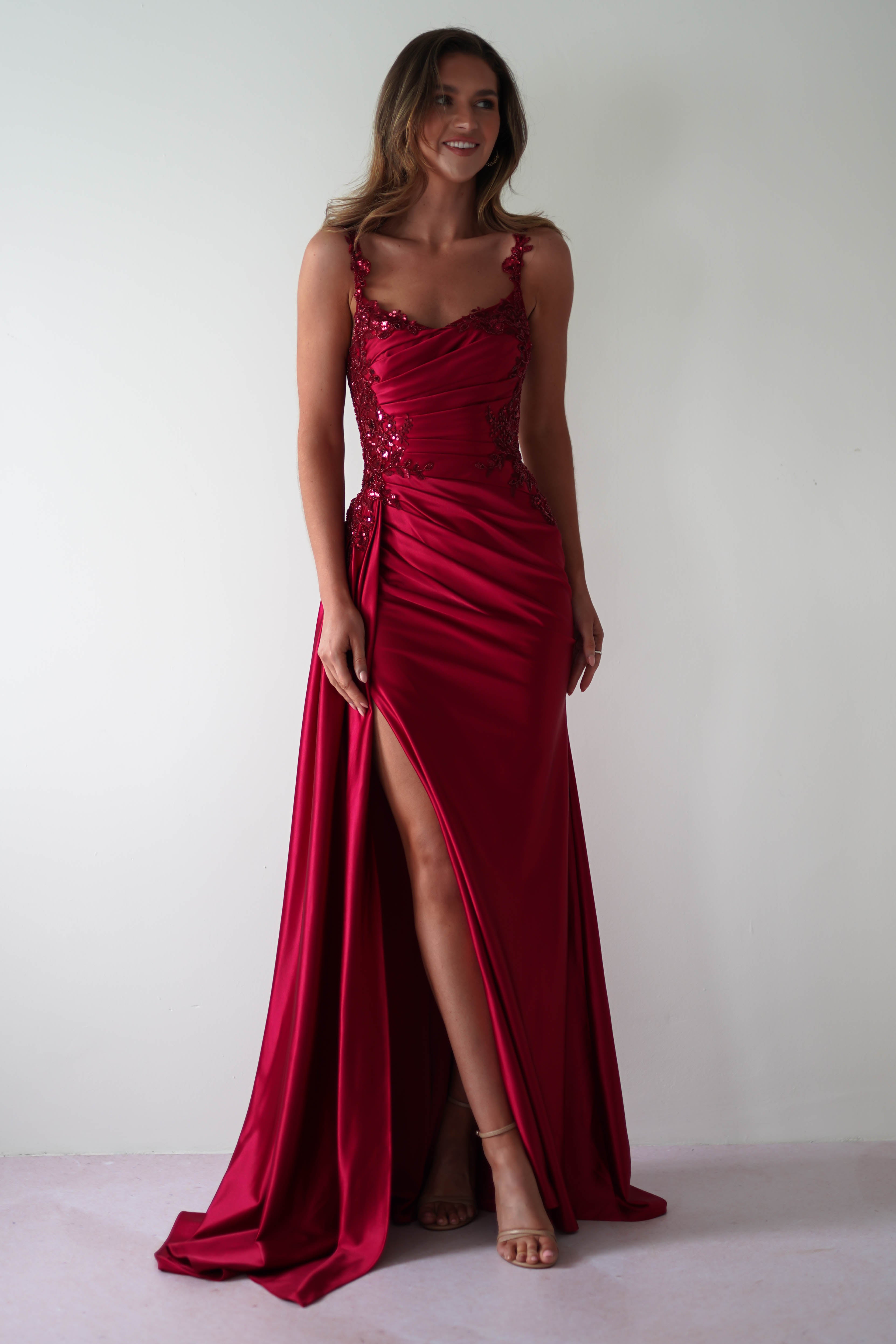 Cindy Pleated Bodice Gown | Burgundy - Oh Hello Clothing