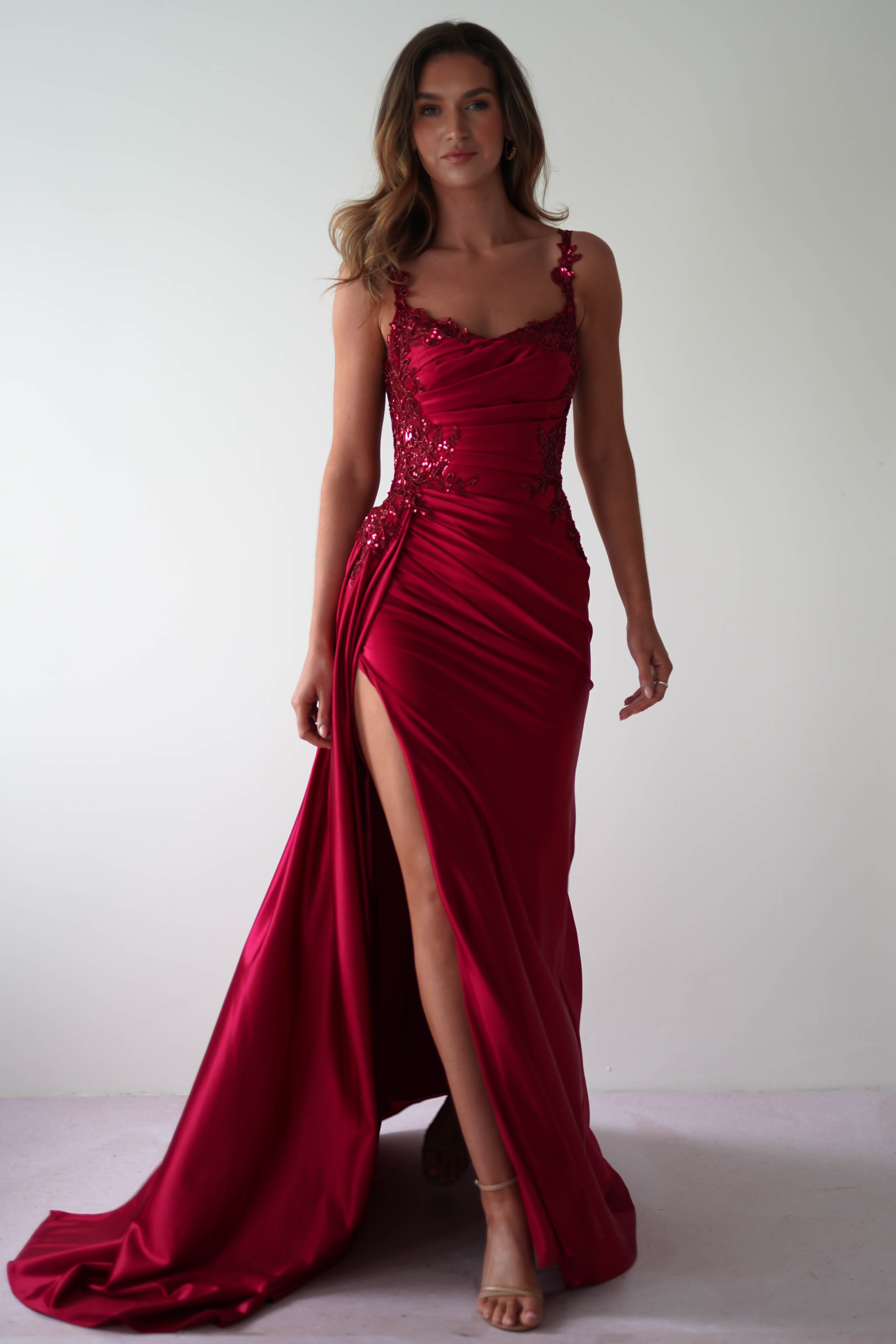 Cindy Pleated Bodice Gown | Burgundy - Oh Hello Clothing