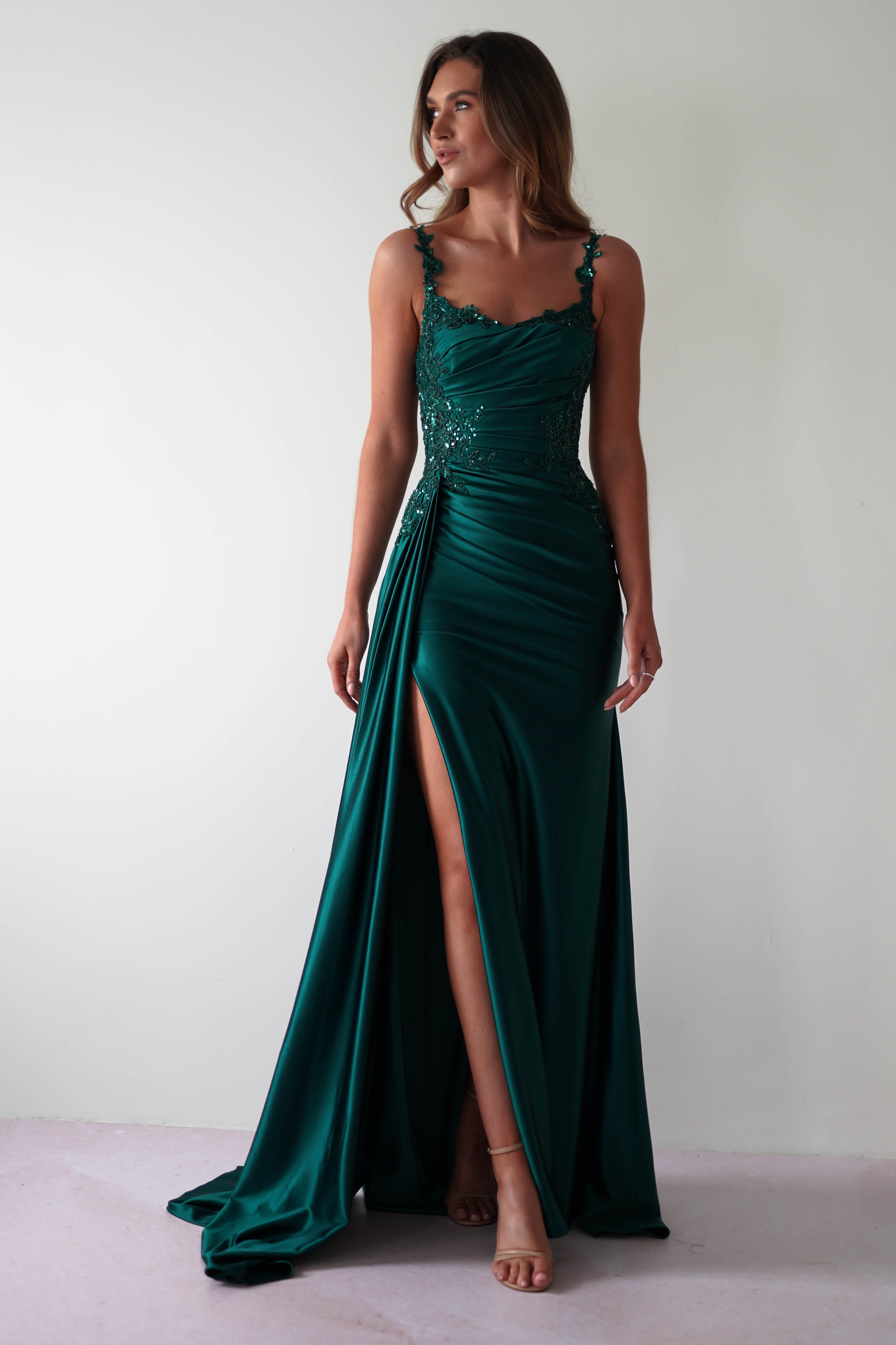 Cindy Pleated Bodice Gown | Emerald Green