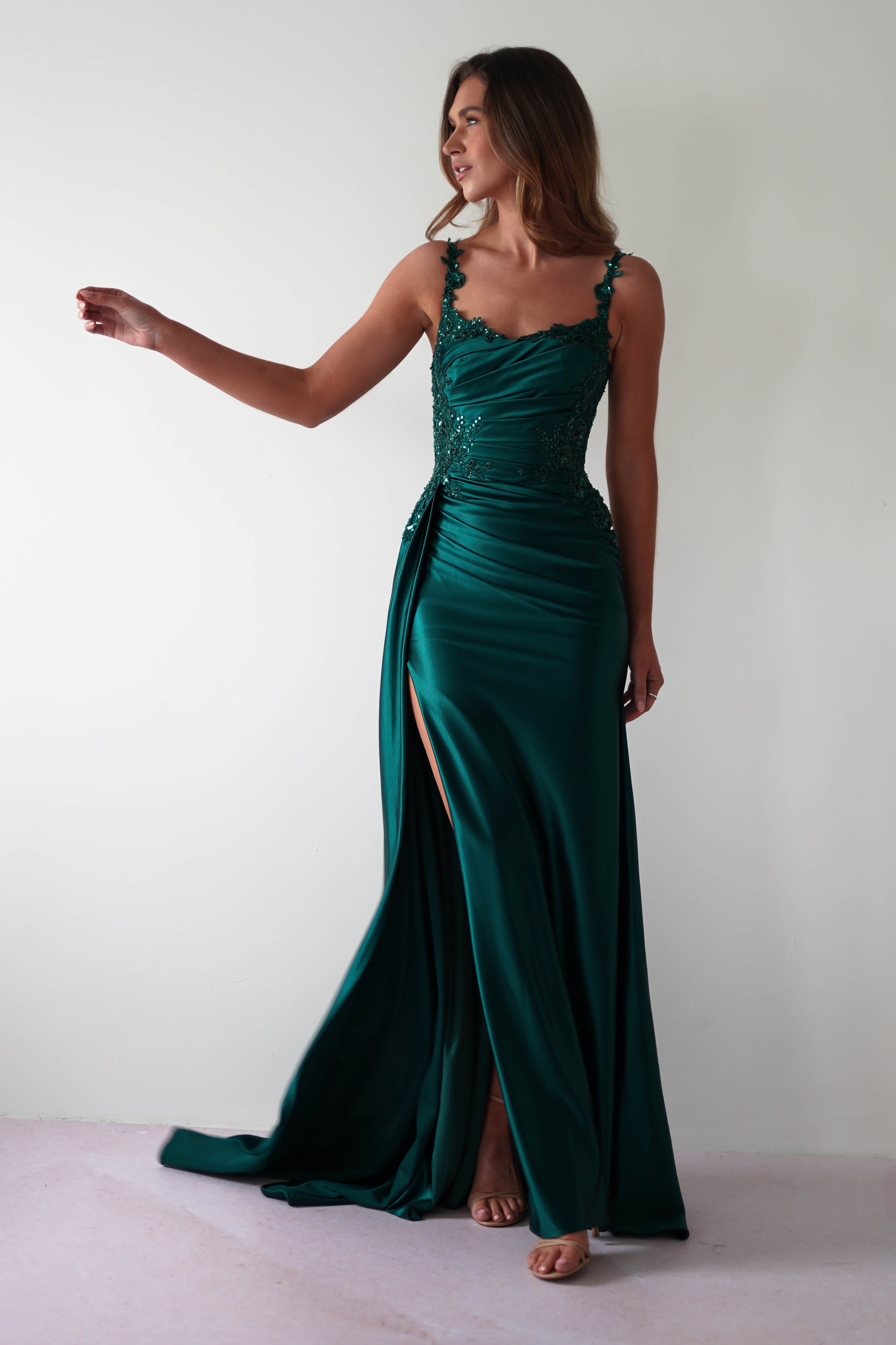 Cindy Pleated Bodice Gown | Emerald Green - Oh Hello Clothing