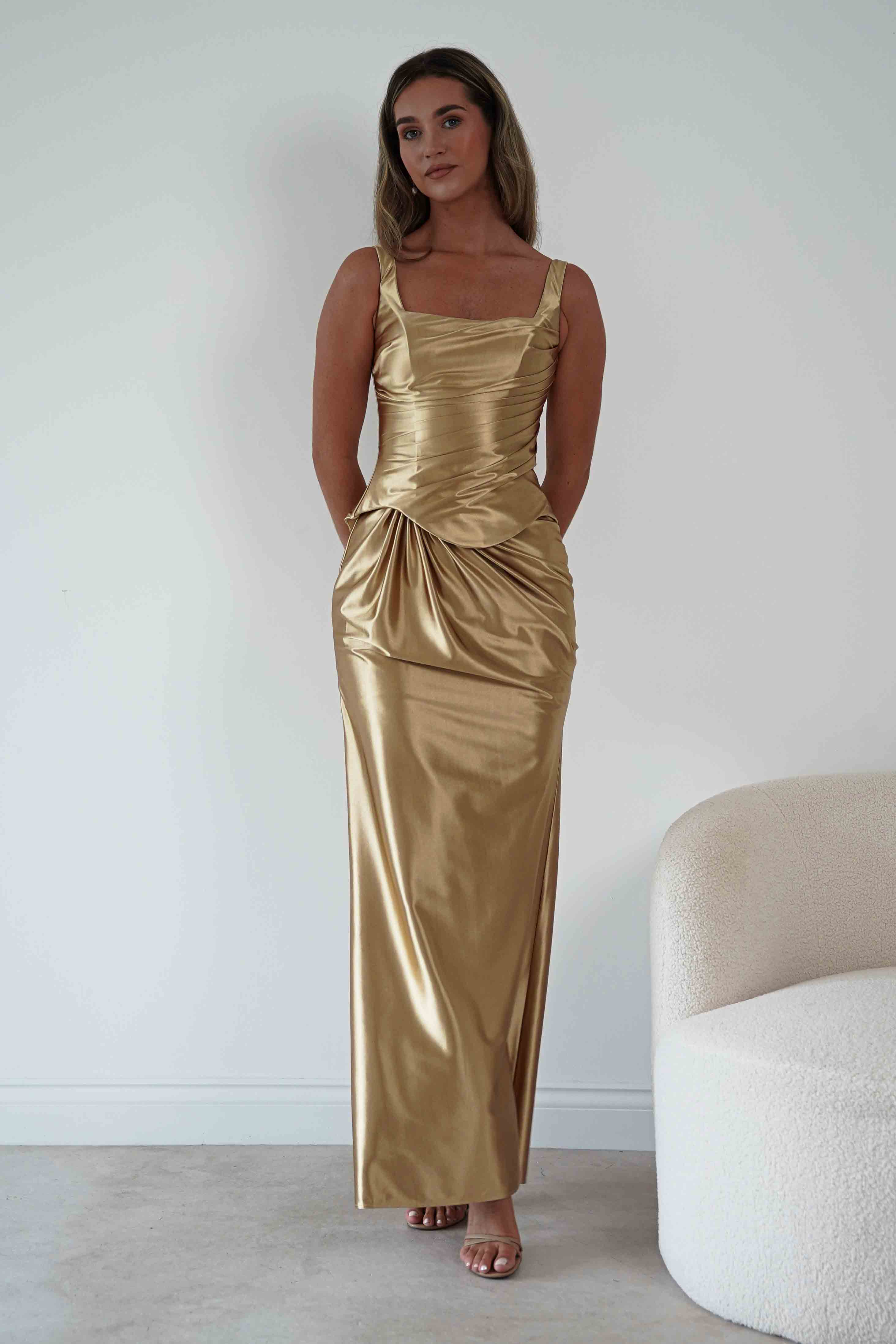 Oh Hello Clothing Women > Clothing > Dresses 1*DONE*CIND-CH2604-GOLD-DRAPED SATIN MAXI DRESS (Copy)
