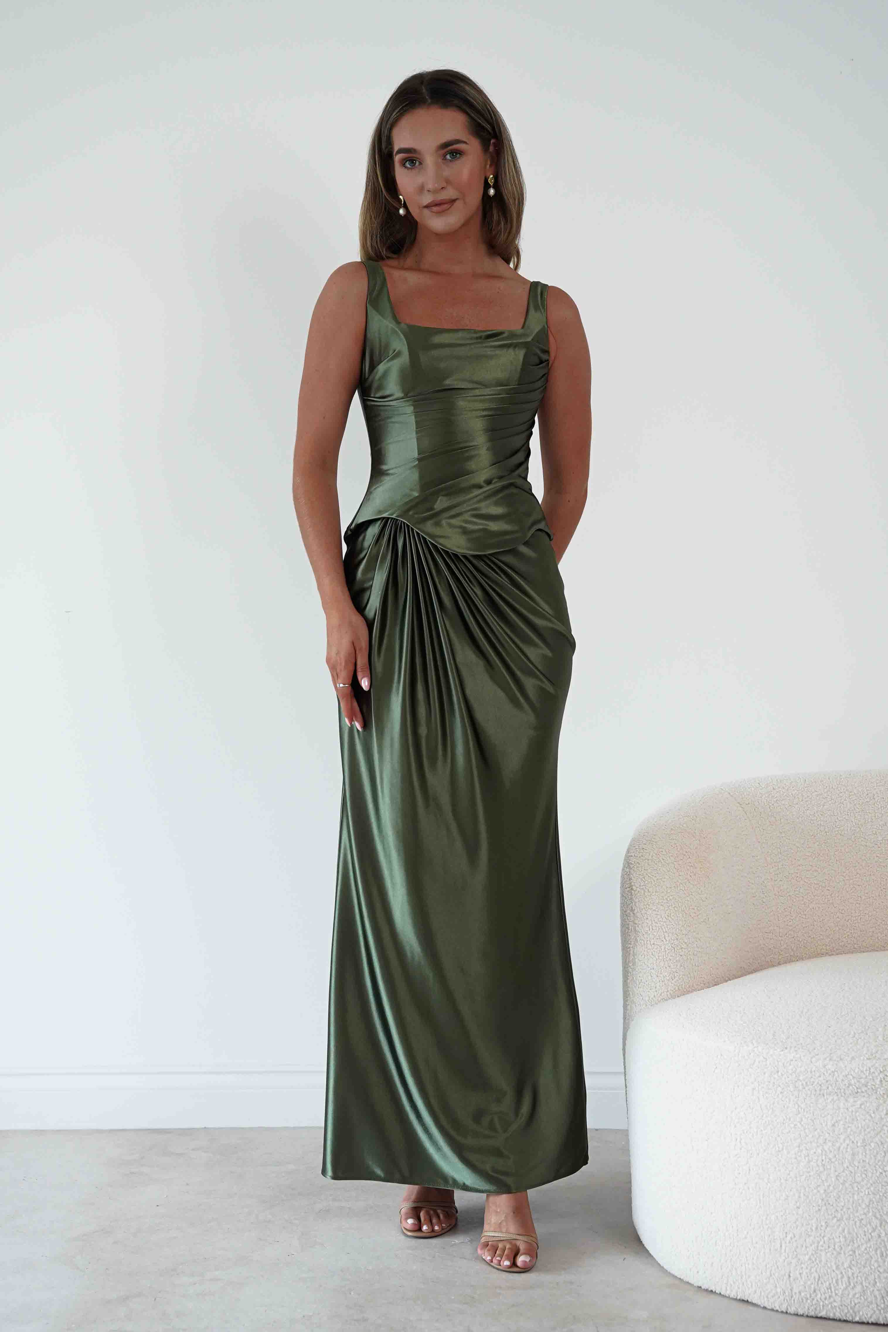 Oh Hello Clothing Women > Clothing > Dresses 1*DONE*CIND-CH2604-OLIVE GREEN DRAPED SATIN MAXI DRESS