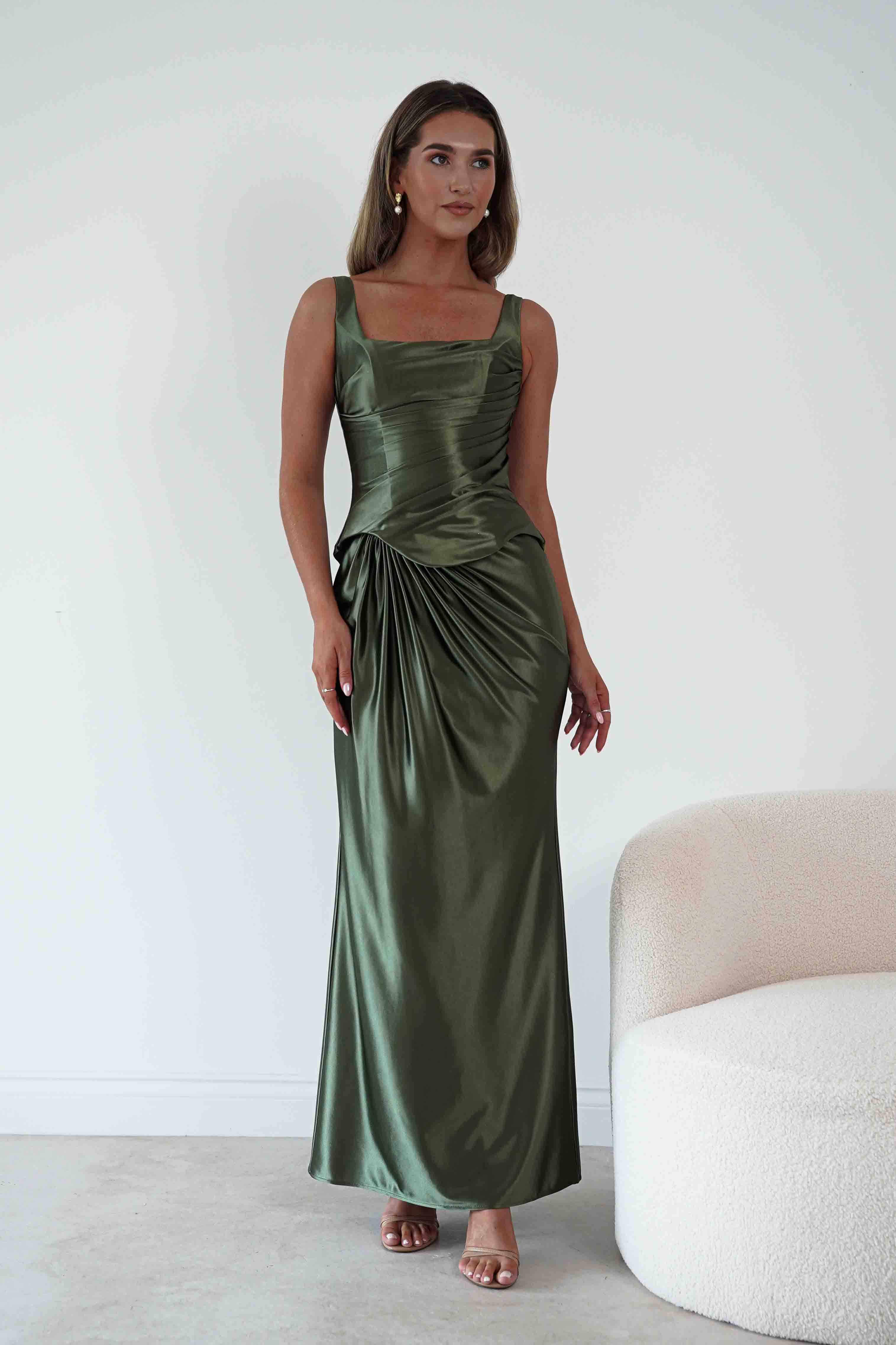 Oh Hello Clothing Women > Clothing > Dresses 1*DONE*CIND-CH2604-OLIVE GREEN DRAPED SATIN MAXI DRESS