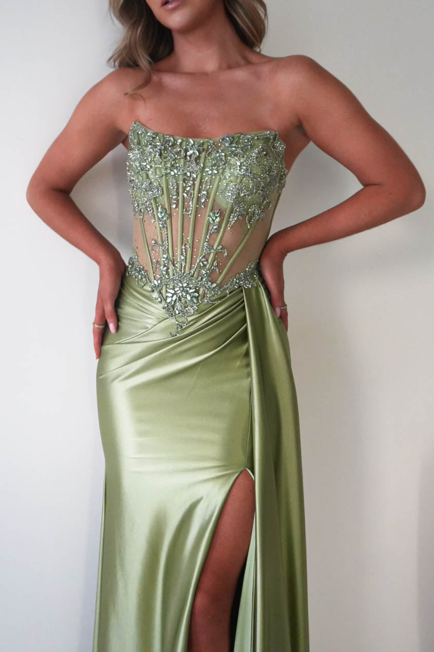 Oh Hello Clothing Dresses 1*DONE - CINDERALLA-C169 SAGE Embellished Satin Evening Gown (Copy) (Copy)