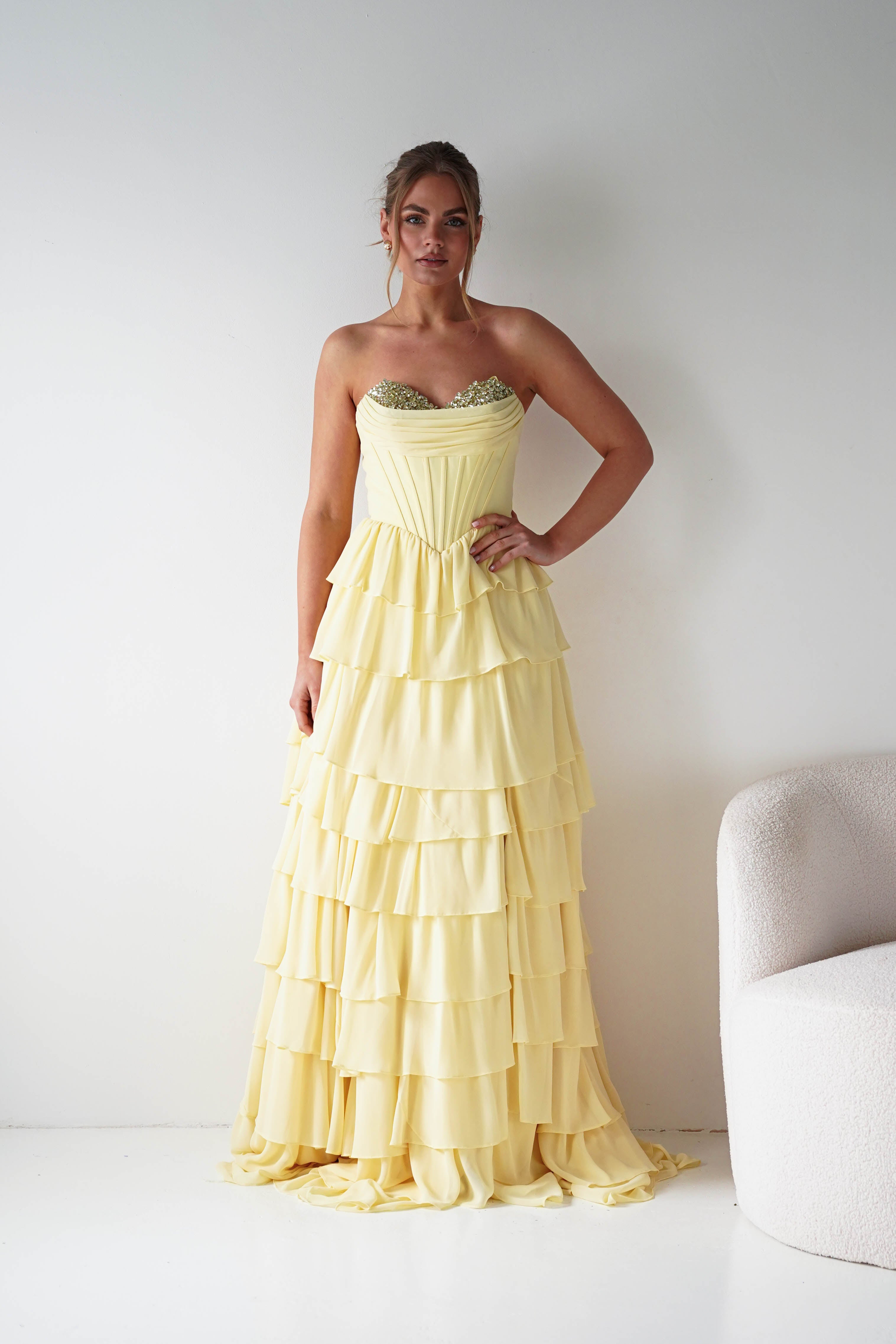 Oh Hello Clothing Women > Clothing > Dresses 1*DONE - Cinderalla-CD402- YELLOW Strapless Embellished Chiffon Tiered Maxi Dress