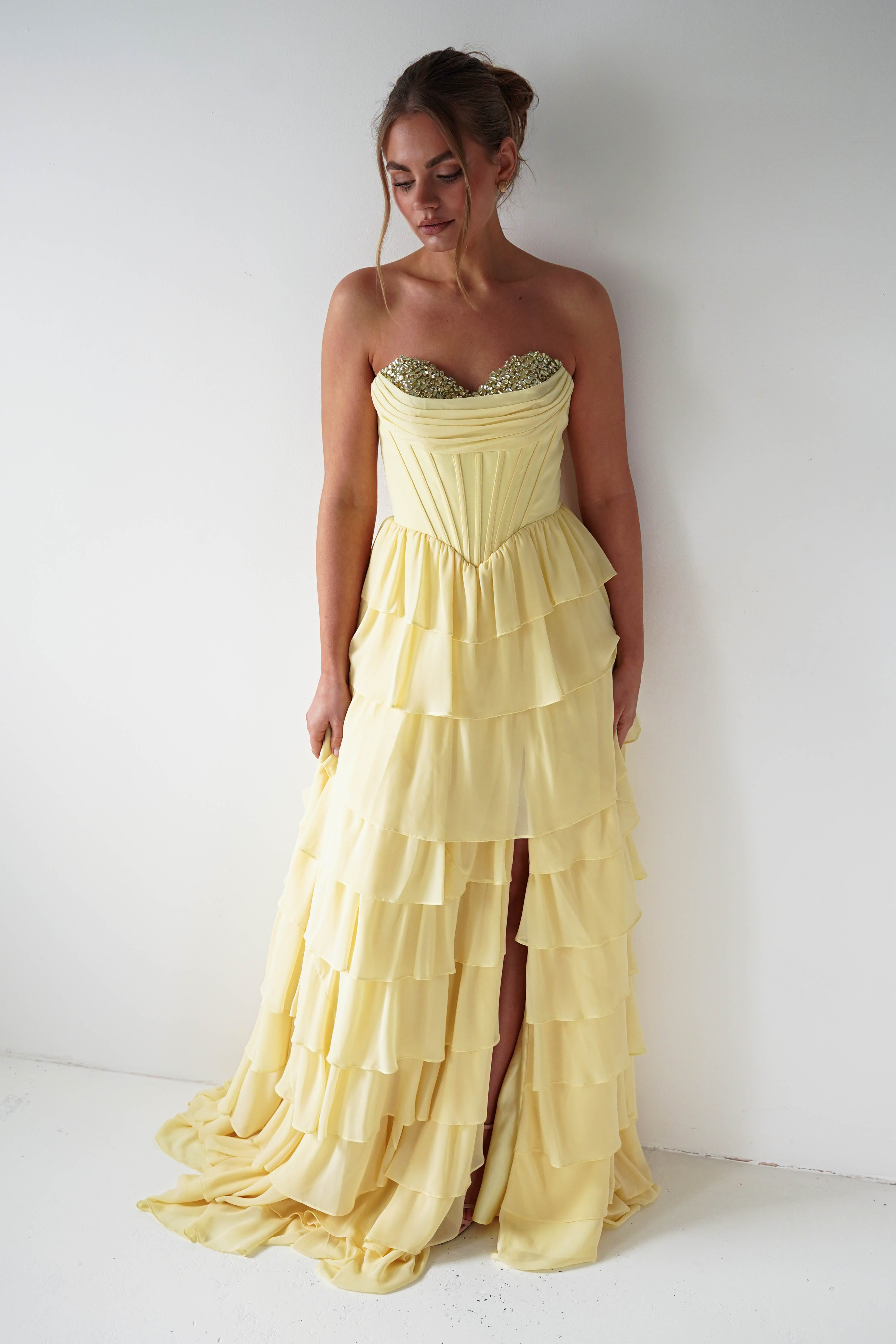 Oh Hello Clothing Women > Clothing > Dresses 1*DONE - Cinderalla-CD402- YELLOW Strapless Embellished Chiffon Tiered Maxi Dress