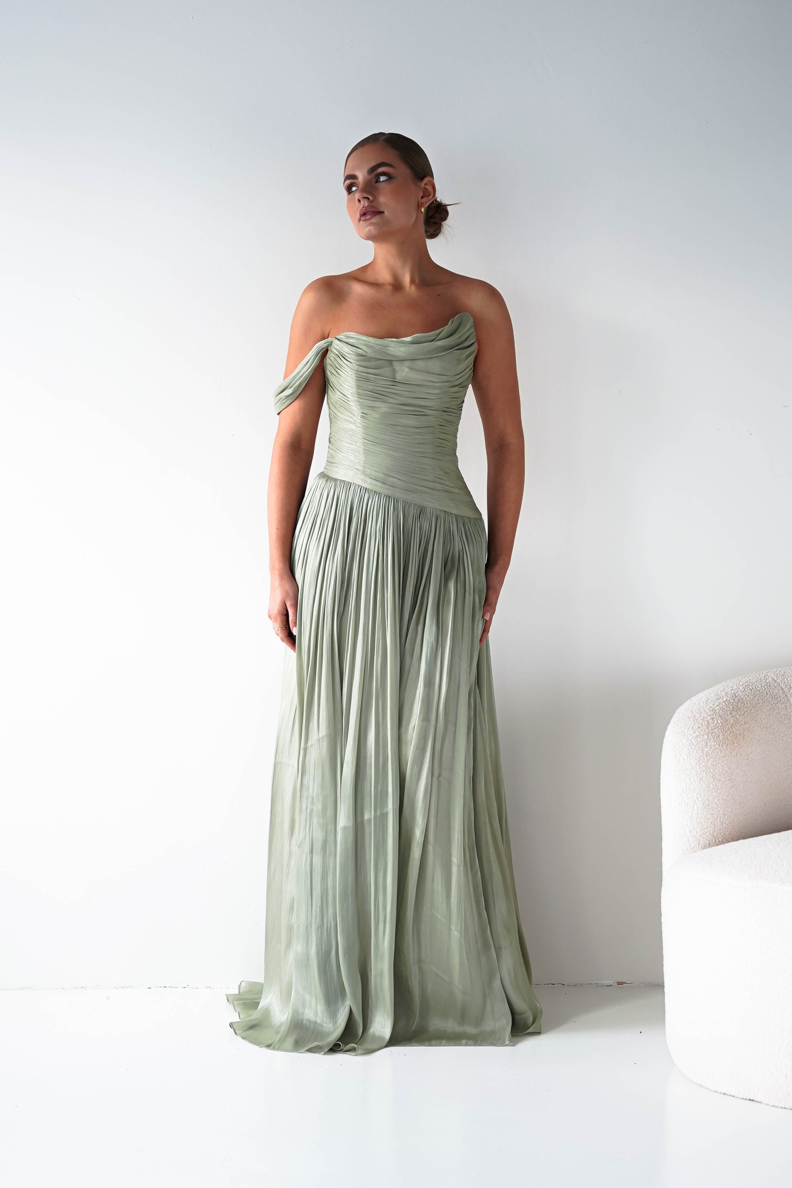 Oh Hello Clothing Women > Clothing > Dresses 1* DONE --CINDERALLA-CD409- SAGE- One-Shoulder Pleated Maxi Dress with Slit SAMPLE (Copy)