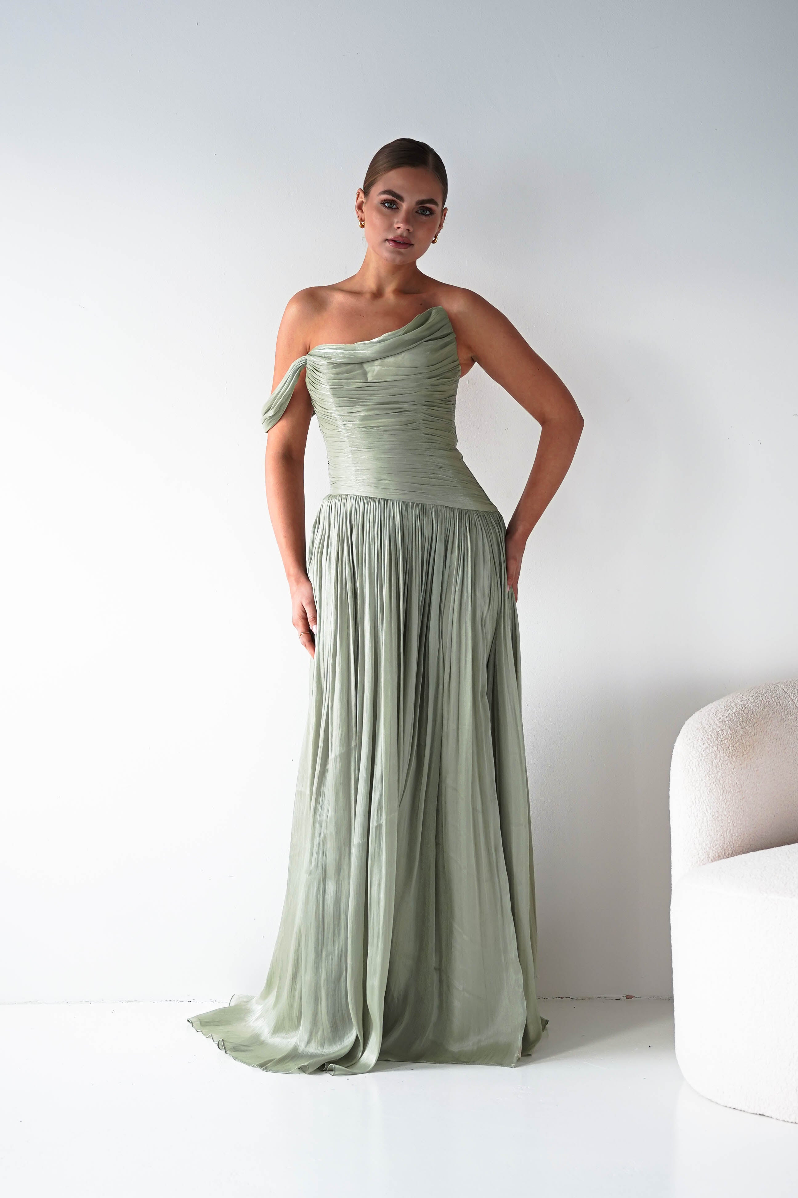 Oh Hello Clothing Women > Clothing > Dresses 1* DONE --CINDERALLA-CD409- SAGE- One-Shoulder Pleated Maxi Dress with Slit SAMPLE (Copy)