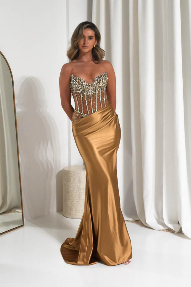 Oh Hello Clothing Dresses 1*DONE -CINDERALLA-CDS538-Gold Crystal-Embellished Sheer Corset Evening Gown