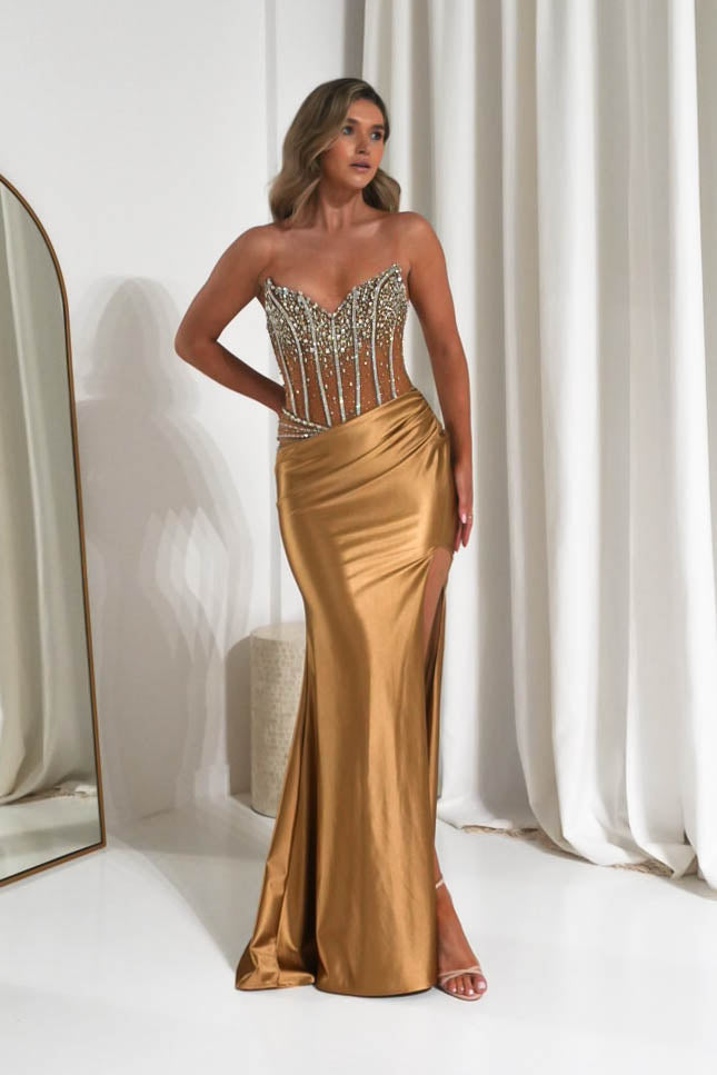 Oh Hello Clothing Dresses 1*DONE -CINDERALLA-CDS538-Gold Crystal-Embellished Sheer Corset Evening Gown