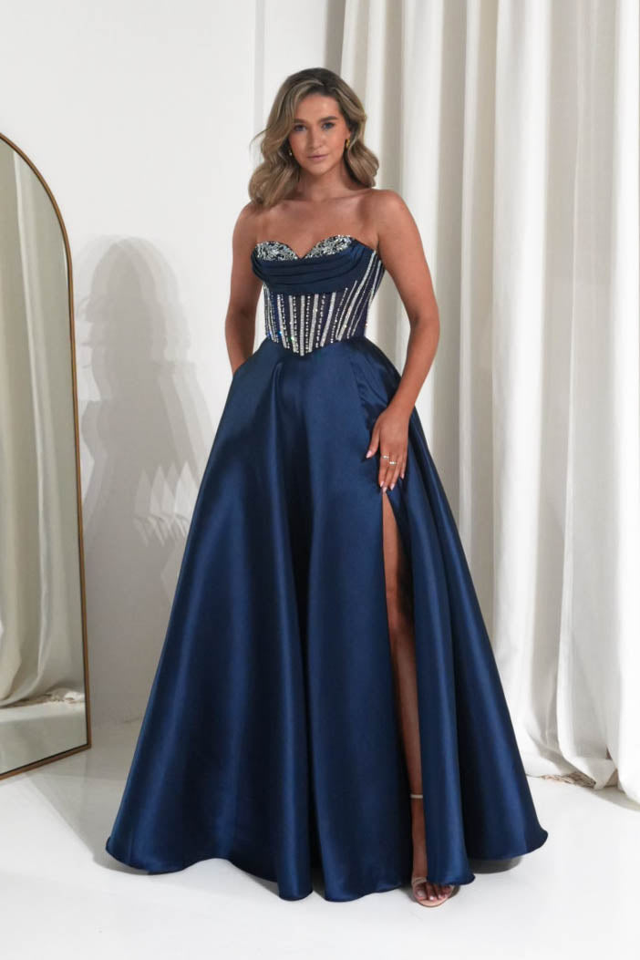 Oh Hello Clothing Dresses 1*DONE -CINDERALLA- CK2405- Strapless Navy Embellished Gown