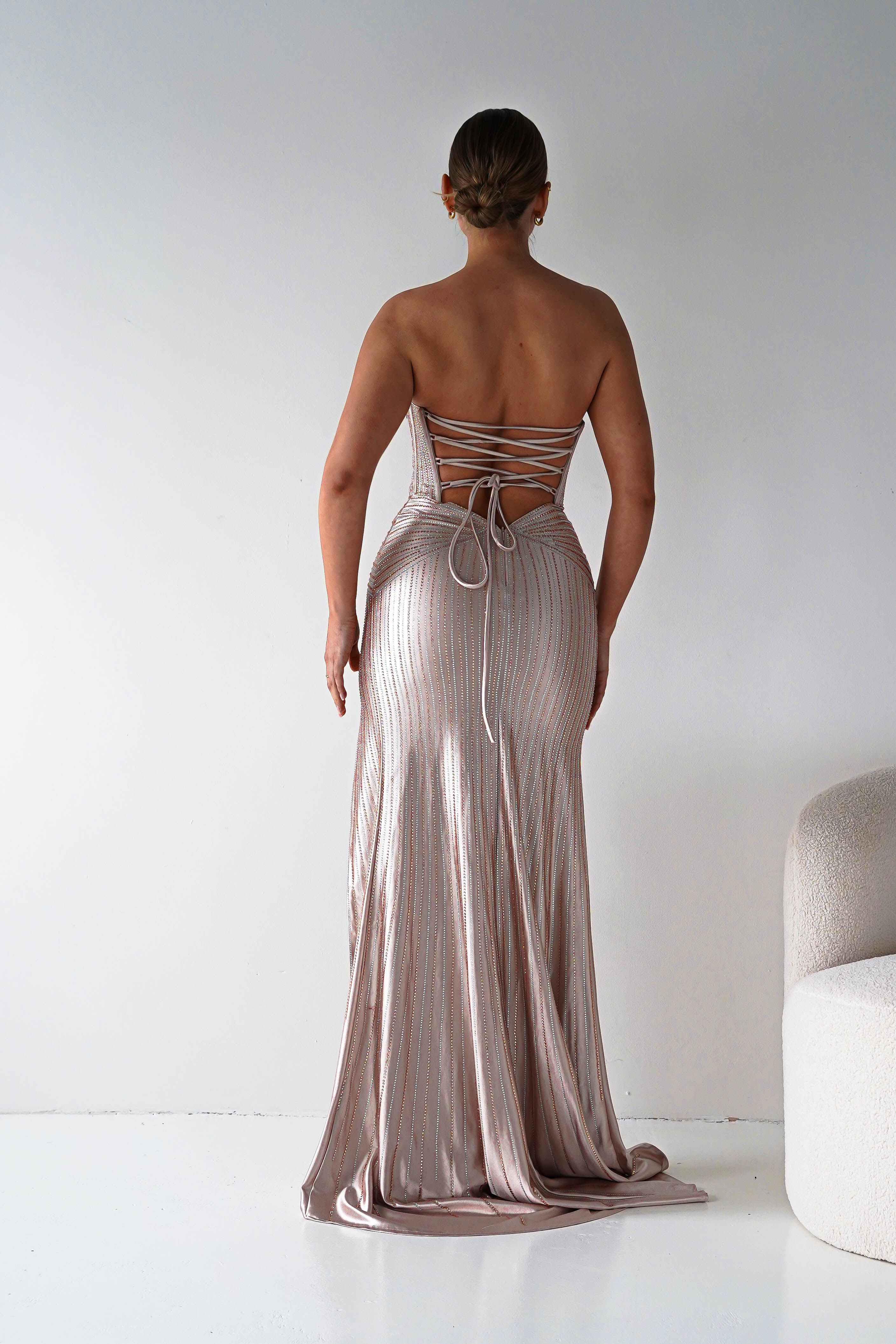 Oh Hello Clothing Women > Clothing > Dresses 1*DONE - Cinderalla-CK918- Champagne Beaded Strapless Gown with Thigh-High Slit