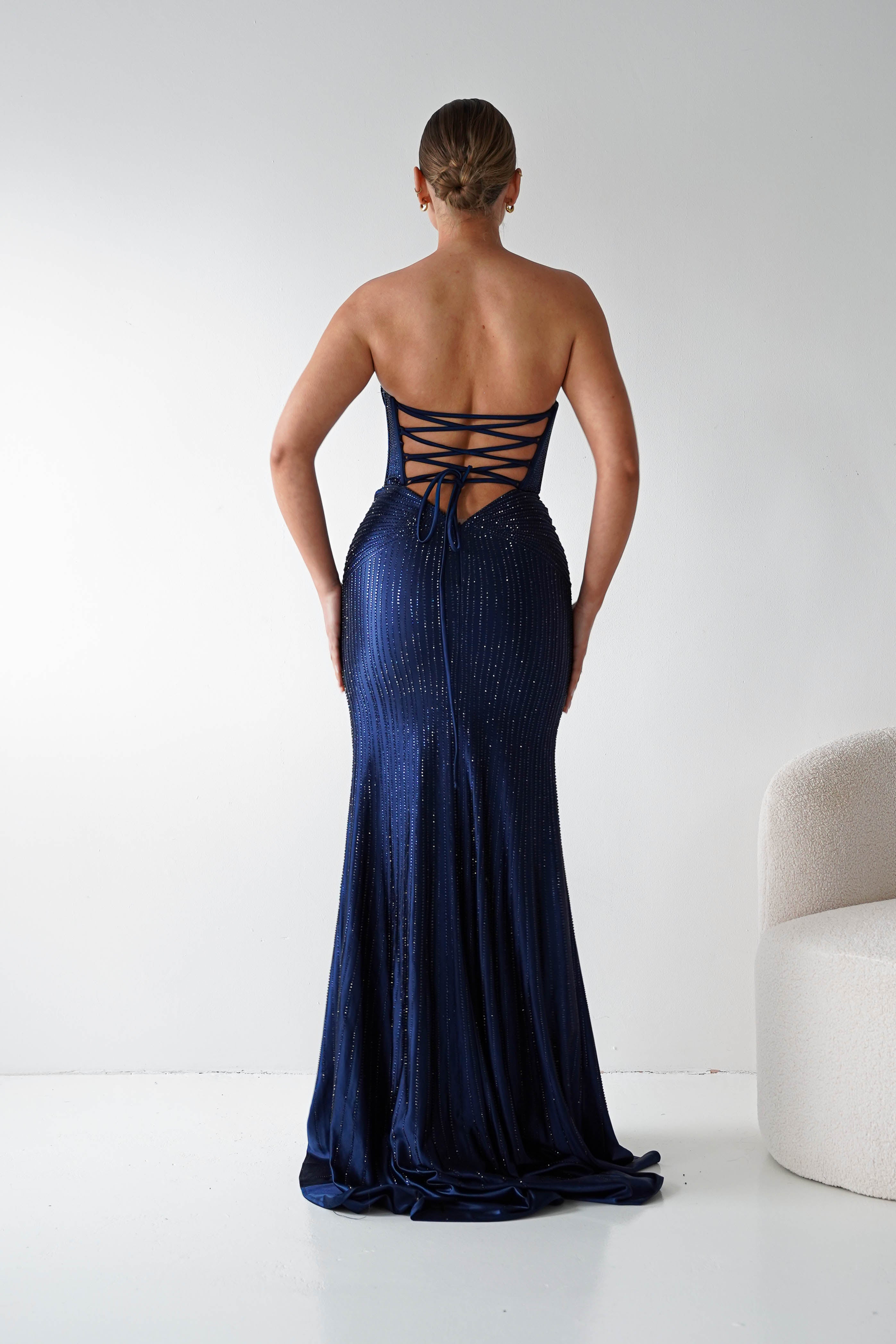 Oh Hello Clothing Women > Clothing > Dresses 1*DONE - Cinderalla-CK918- NAVY Beaded Strapless Gown with Thigh-High Slit (Copy)