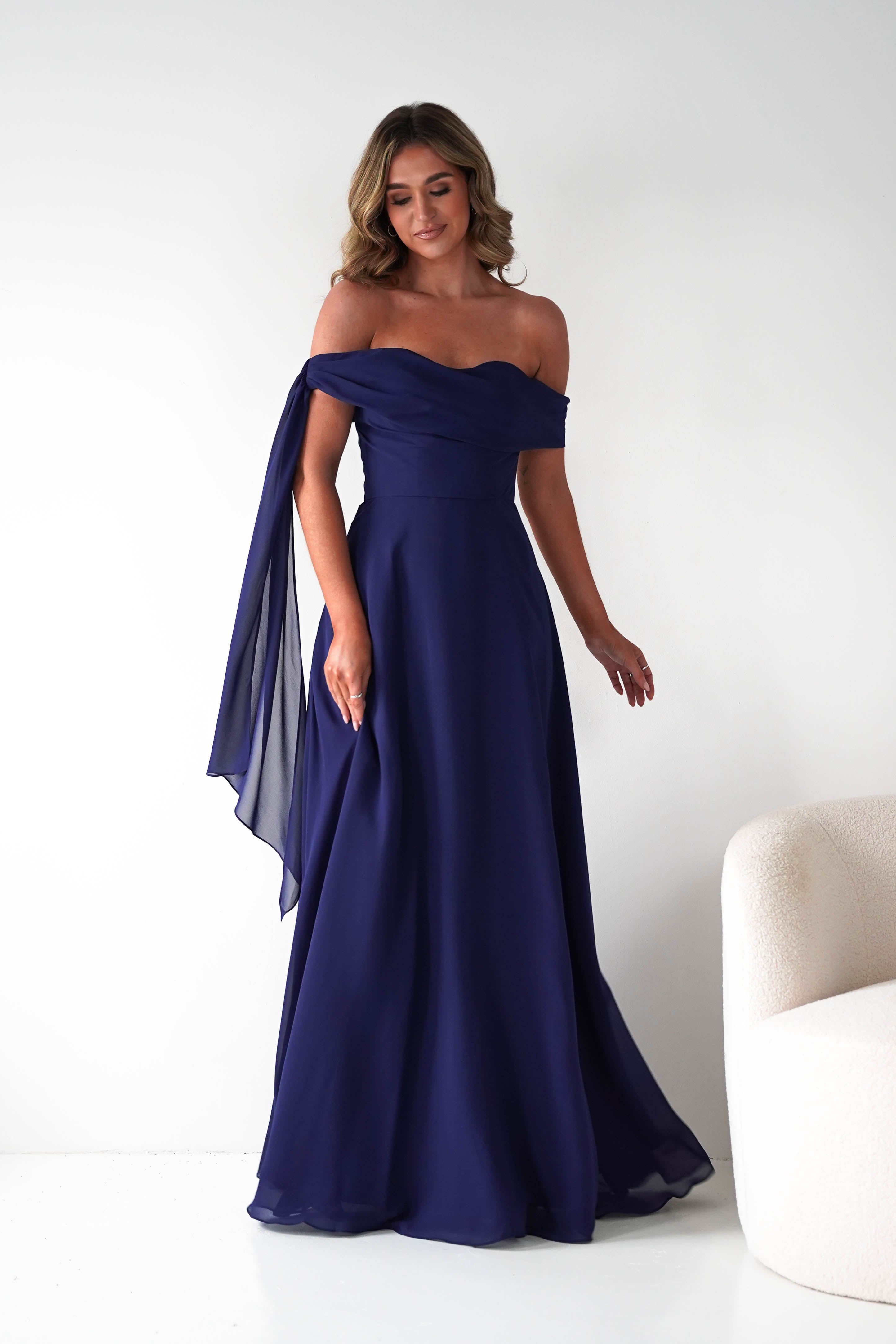 Oh Hello Clothing Dresses 1*DONE -CINDERALLA-NAVY DRESS DRAPE DSEIGN ON ONE SIDE- T716 (Copy)